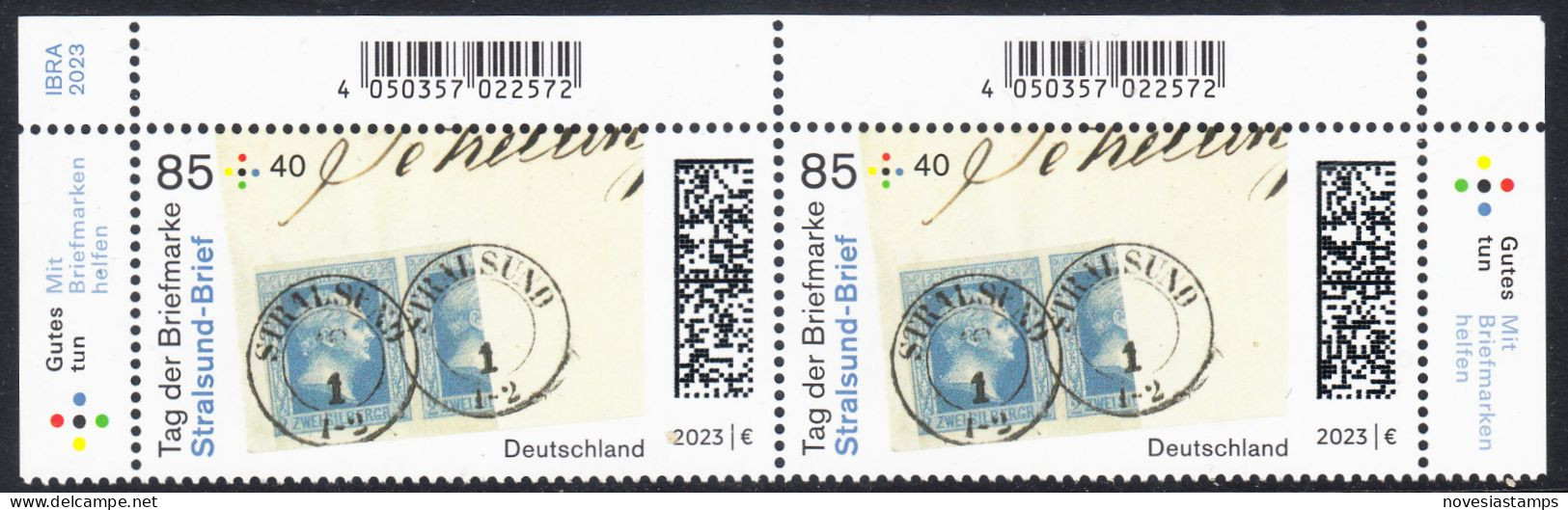 !a! GERMANY 2023 Mi. 3752 MNH Horiz.PAIR From Upper Right & Left Corners - Philatelic Day: Stralsund-Letter - Ungebraucht