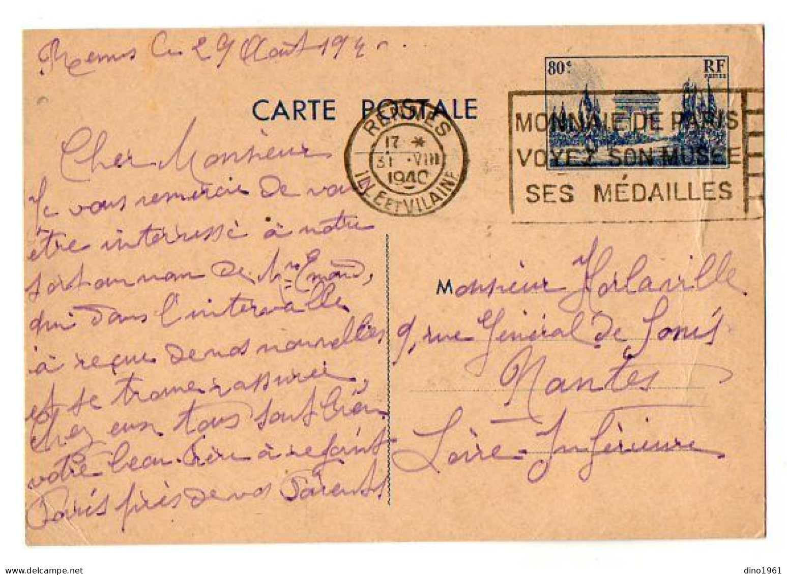 TB 4800 - 1940 - Entier Postal Type Arc De Triomphe - Mme CLOAREC à RENNES Pour M. HORLAVILLE à NANTES - Standaardpostkaarten En TSC (Voor 1995)