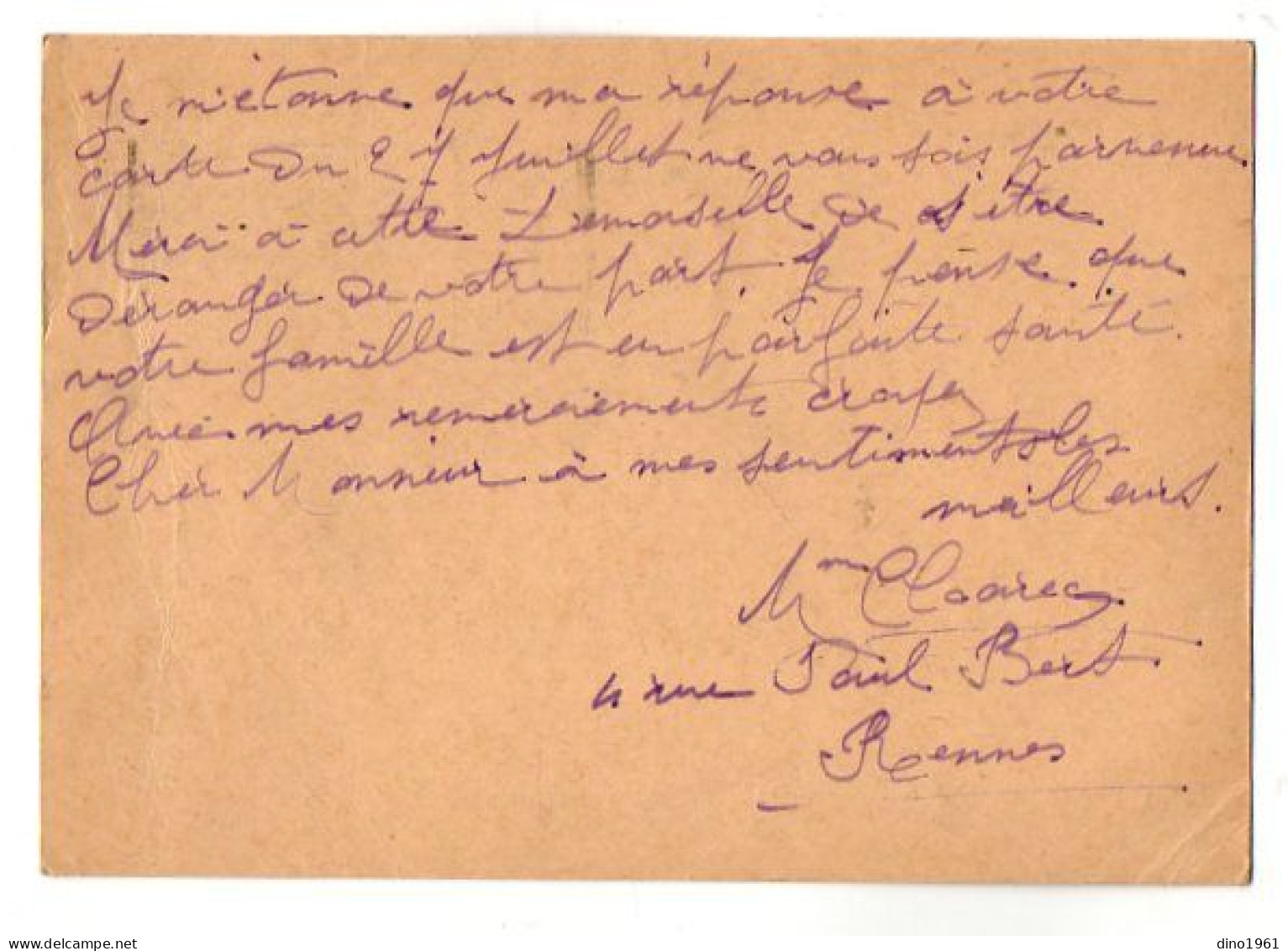 TB 4800 - 1940 - Entier Postal Type Arc De Triomphe - Mme CLOAREC à RENNES Pour M. HORLAVILLE à NANTES - Cartes Postales Types Et TSC (avant 1995)
