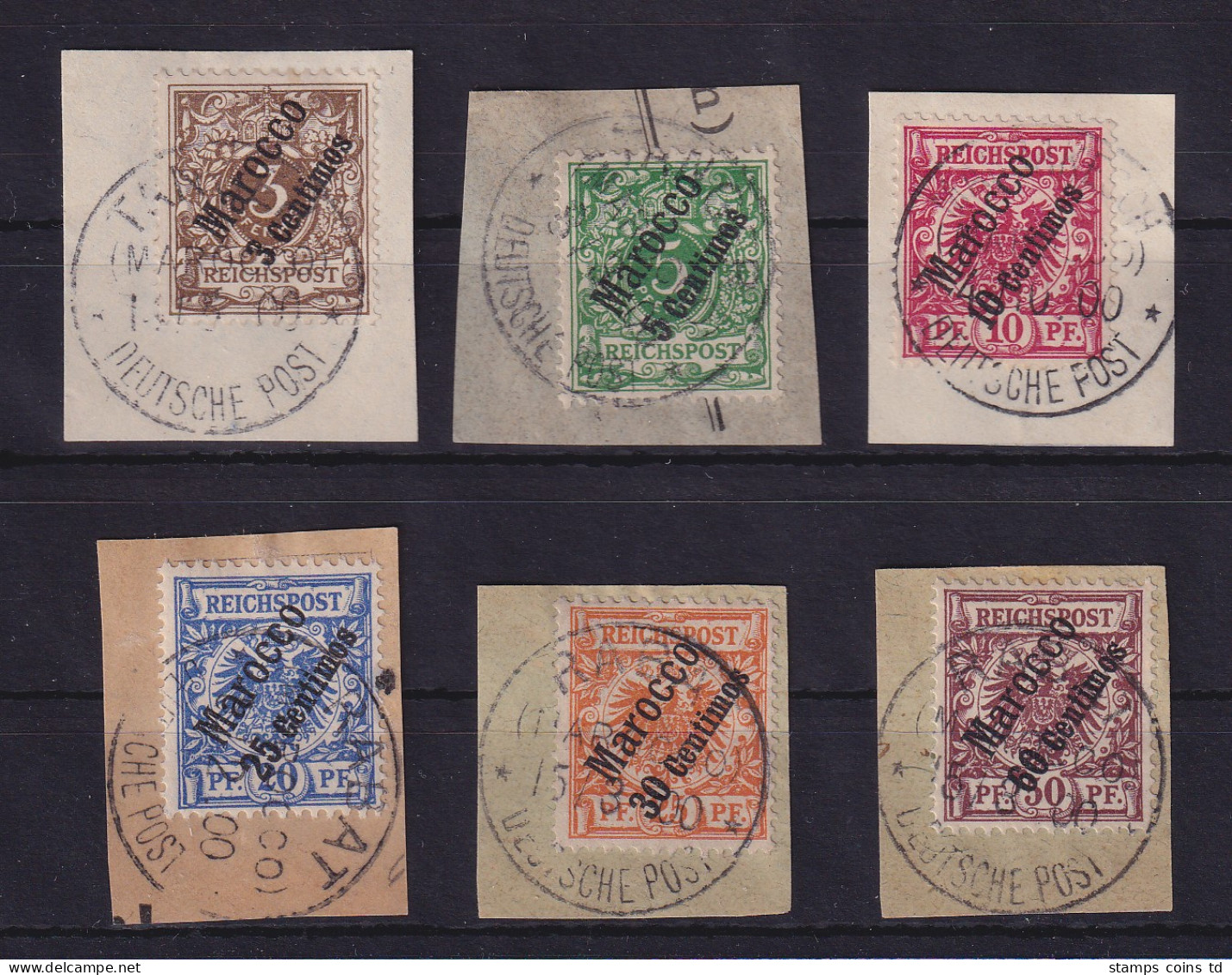Deutsche Post In Marokko 1899  Mi.-Nr. 1-6 Satz Kpl. O Auf Briefstücken - Deutsche Post In Marokko