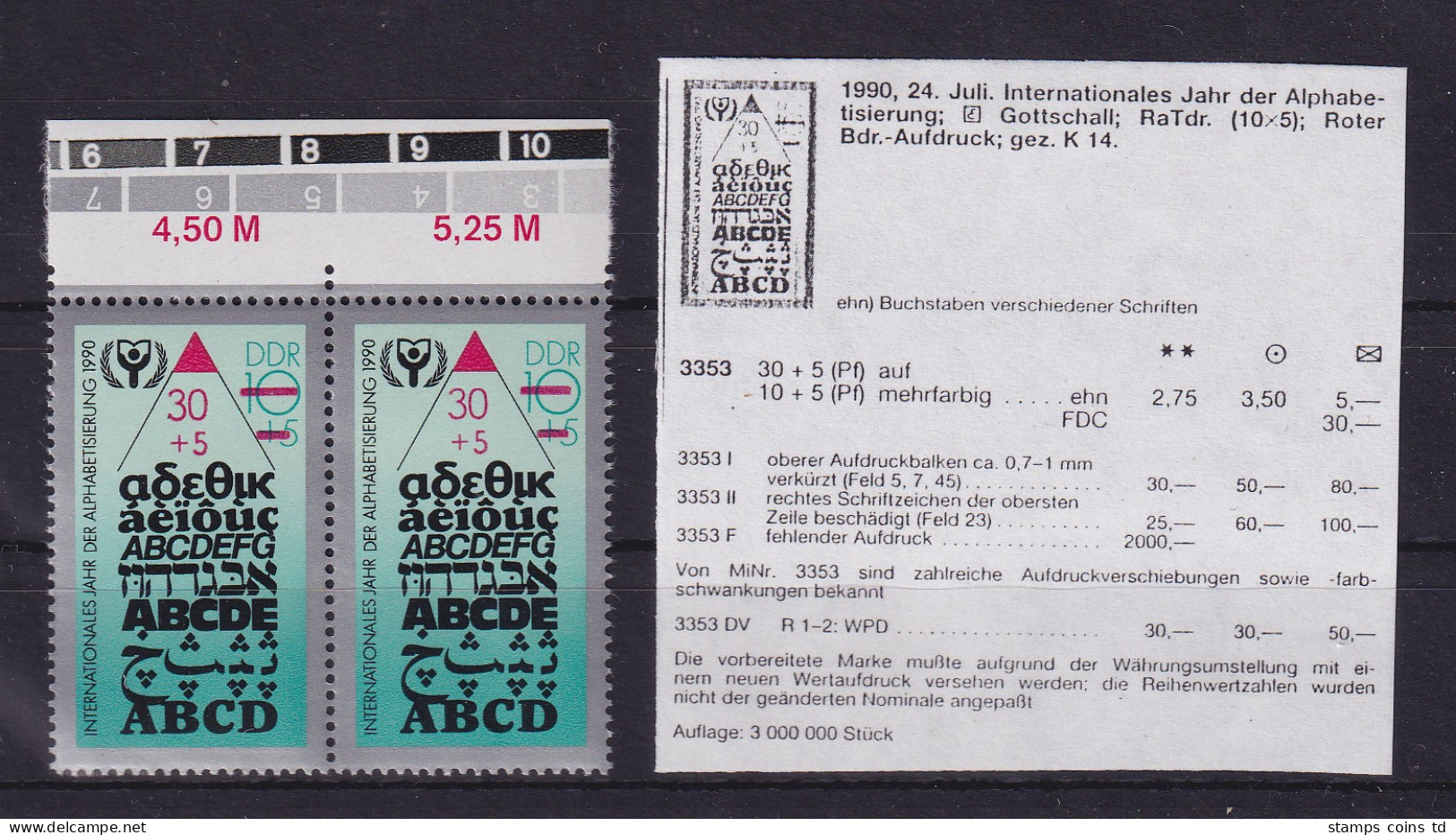 DDR 1990 Alphabetisierung Mi.-Nr. 3353 I (verkürzter Roter Aufdruckbalken) ** - Ungebraucht