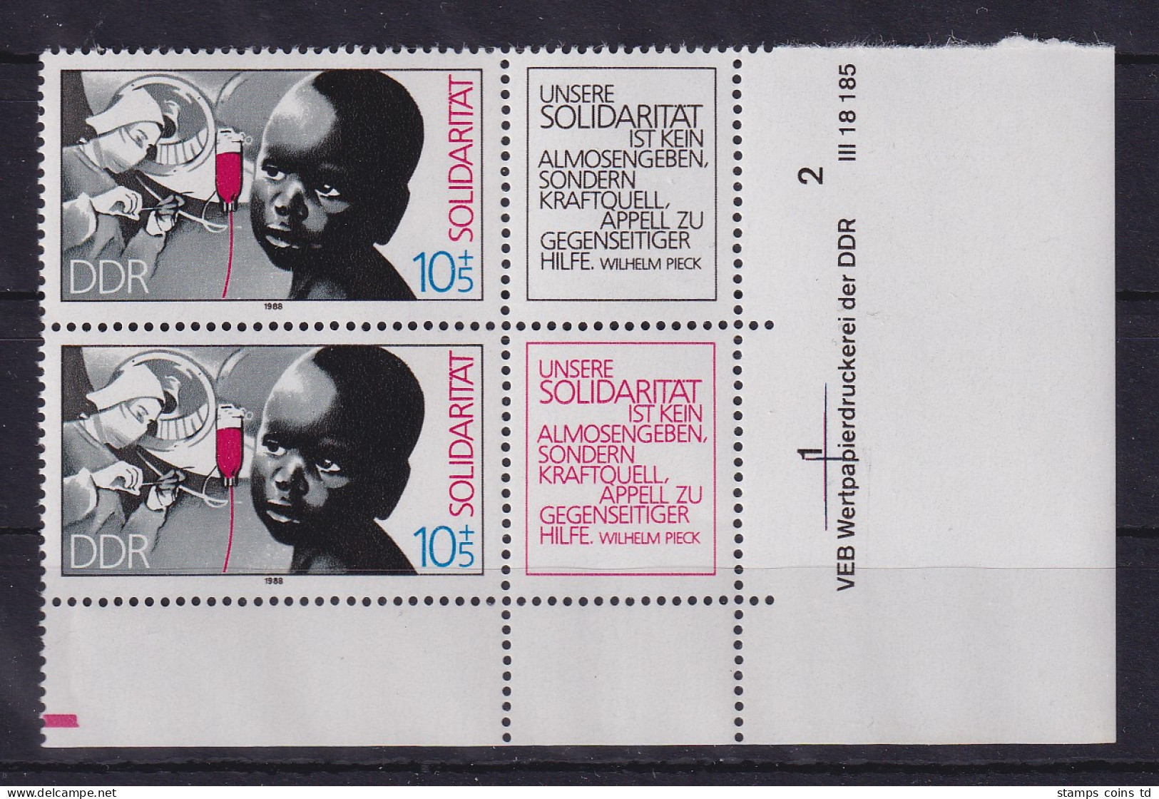 DDR 1988 Solidarität Mi.-Nr. 3202 A/b Eckrandpaar UR Mit Druckvermerk ** - Unused Stamps