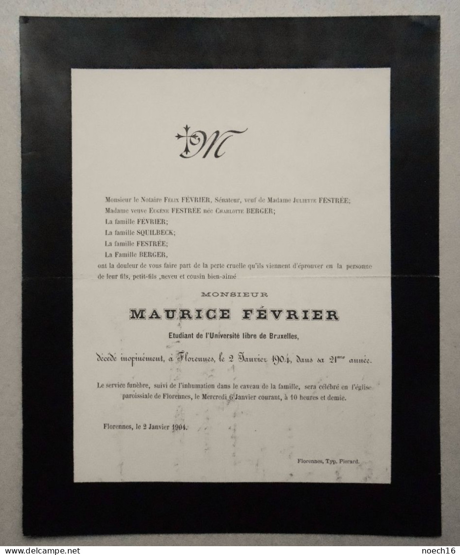 1904 Florennes Décès à 21 Ans De Maurice Février, Etudiant à L'Université Libre De Bruxelles - Todesanzeige