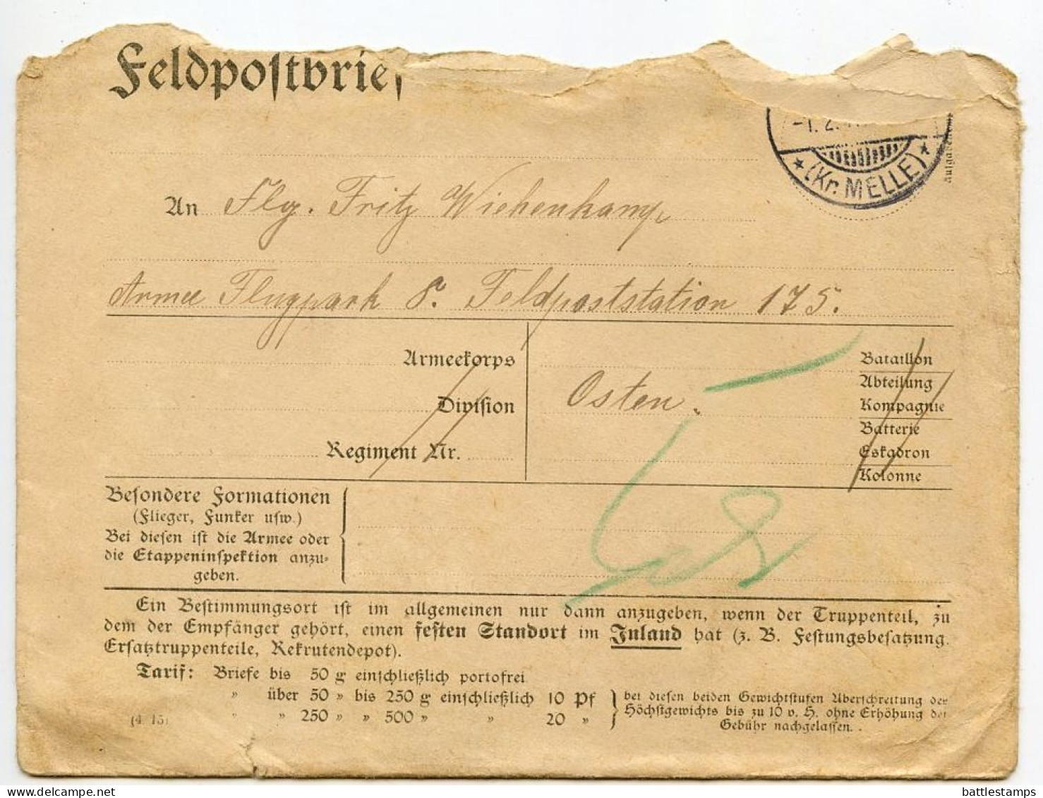 Germany 1917 WWI Feldpost Cover & Letter; Neuenkirchen Kr. Melle To Armee Flugpark 8, Flieger Wiehenkamp (Aviator) - Feldpost (postage Free)