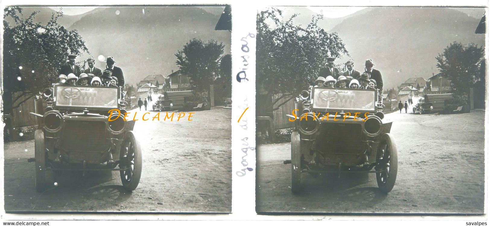 Haute-Savoie * Servoz Voiture Taxi Touristes En Route Pour Chamonix * Plaque Verre Stéréoscopique Vers 1920 - Glasdias