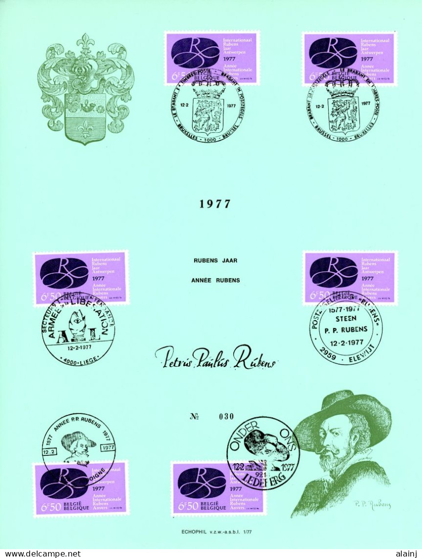 BE   1838   ---  Feuillet 1er Jour  --  Année Rubens --  6 Oblitérations Provinciales  --  Echophil Numéroté - Cartas & Documentos