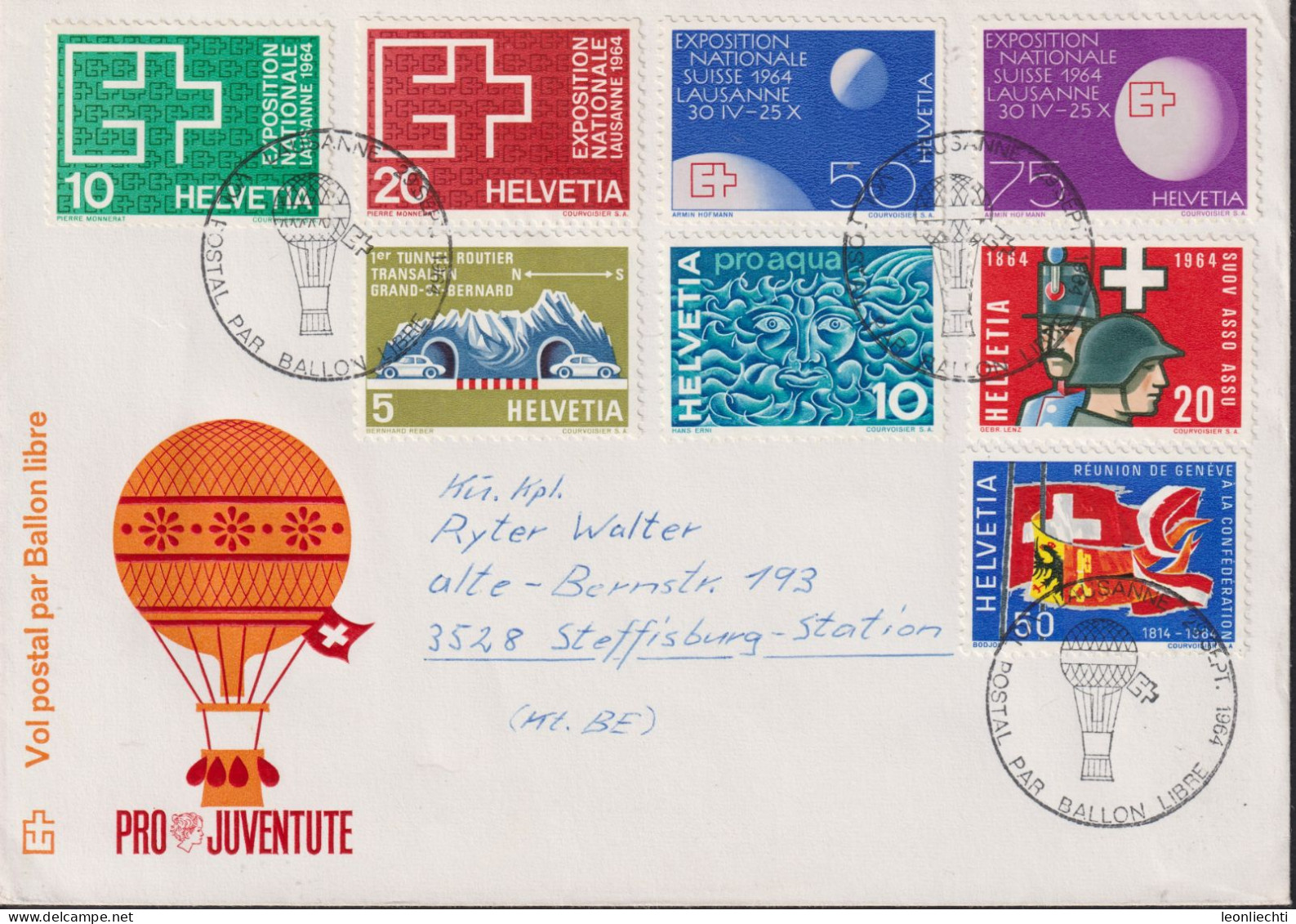 1964 Schweiz Brief  Vol Postal Par Ballon Libre, Mehrfachfrankatur Zum:CH 402-409, Mi:CH 782-785+791-794 (Pro Juventute) - Montgolfier