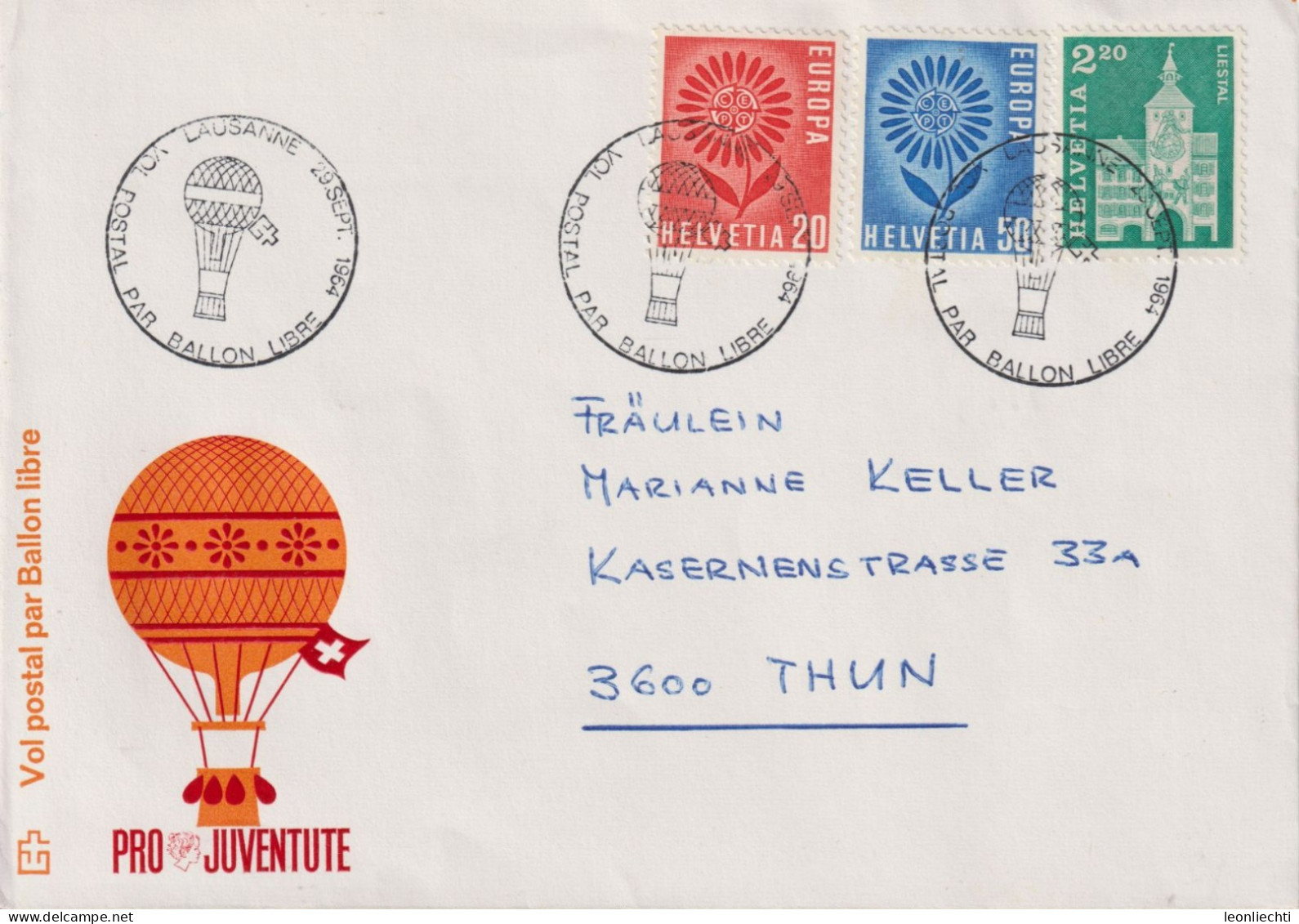 1964 Schweiz Brief  Vol Postal Par Ballon Libre, Mehrfachfrankatur Zum:CH 410+411+425, Mi:CH 800+801+802 (Pro Juventute) - Luchtballons