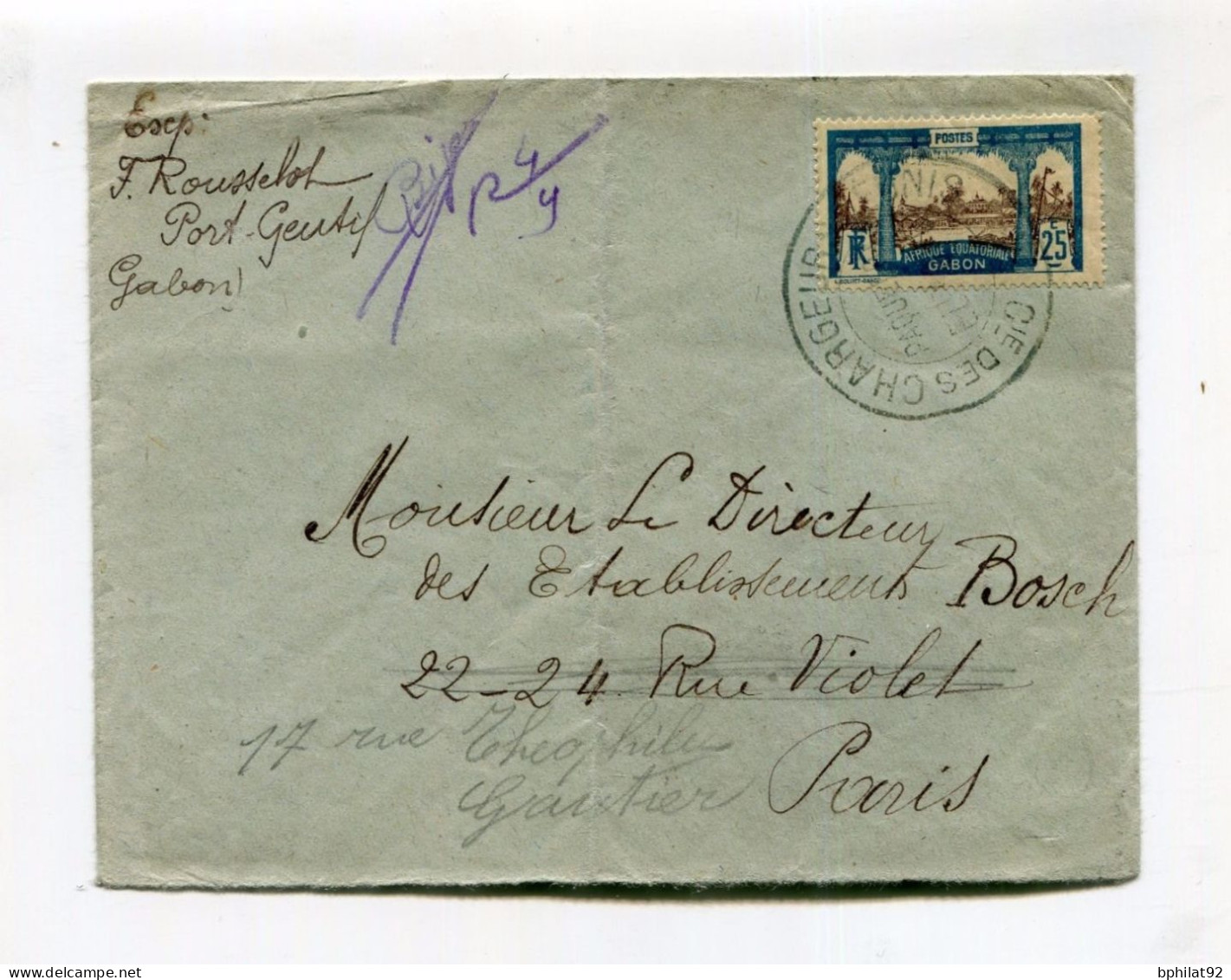 !!! GABON, N°56 OBLIT PAQUEBOT EUROPE - CHARGEUR REUNIS SUR LETTRE EN PROVENANCE DE PORT GENTIL - Covers & Documents