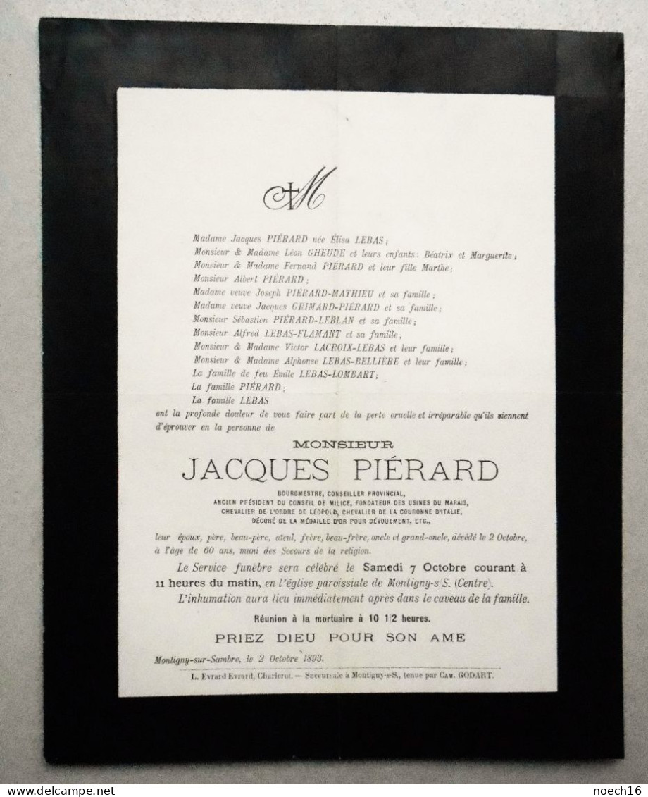 1893 Montiny-sur-Sambre Décès Jacques Piérard, Bourgmestre, Fondateur Des Usines Du Marais, Conseiller Provincial... - Décès