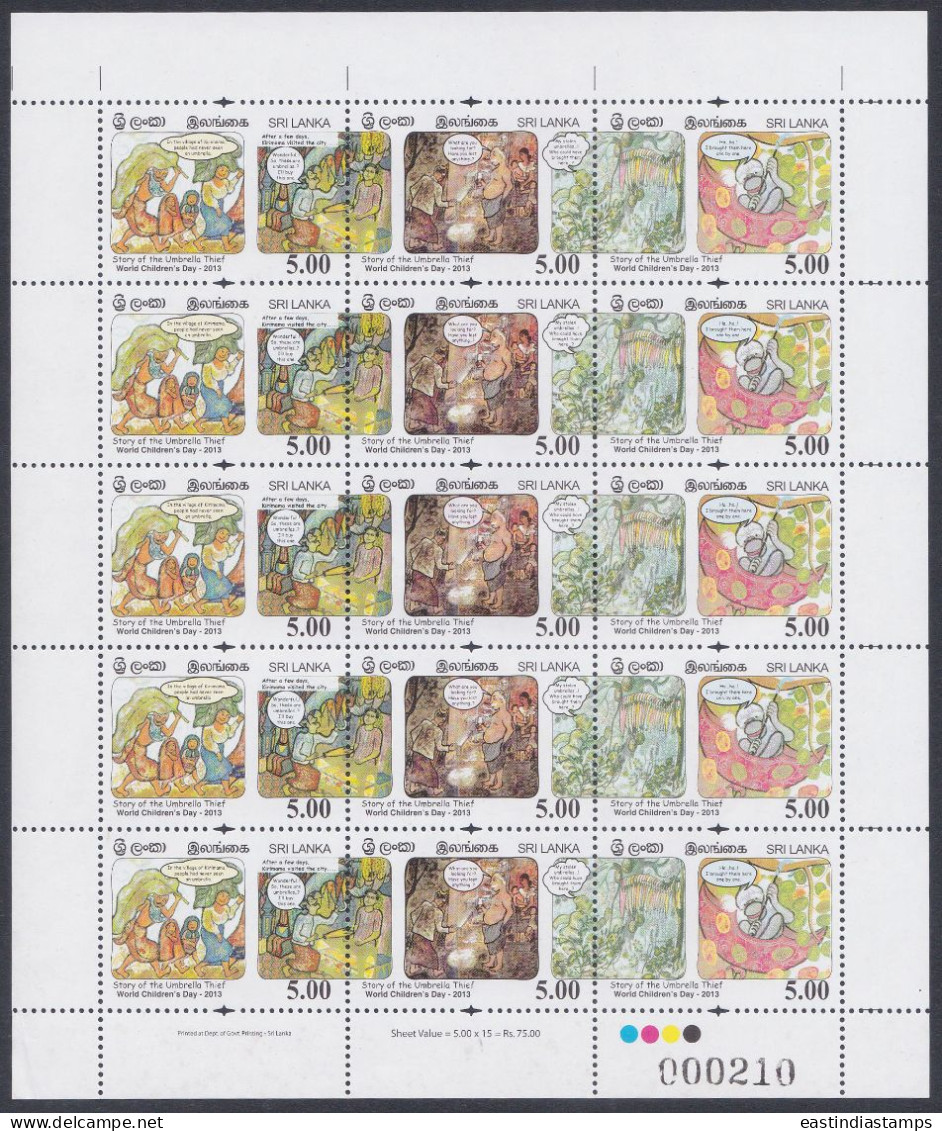 Sri Lanka 2013 MNH Sheetlet World Children's Day, Se-tenant, Drawing, Art, Stories, Story, Monkey, Umbrella - Sri Lanka (Ceylon) (1948-...)