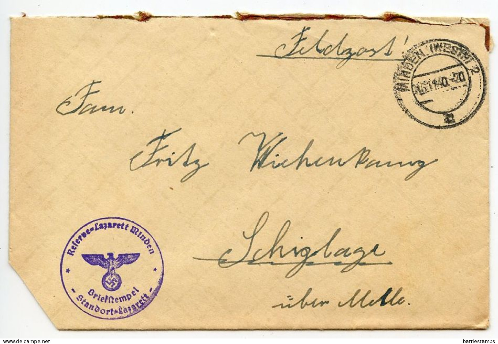 Germany 1940 WWII Feldpost Cover; Minden, Reserve-Lazarett (Hospital) To Schiplage über Melle - Feldpost World War II