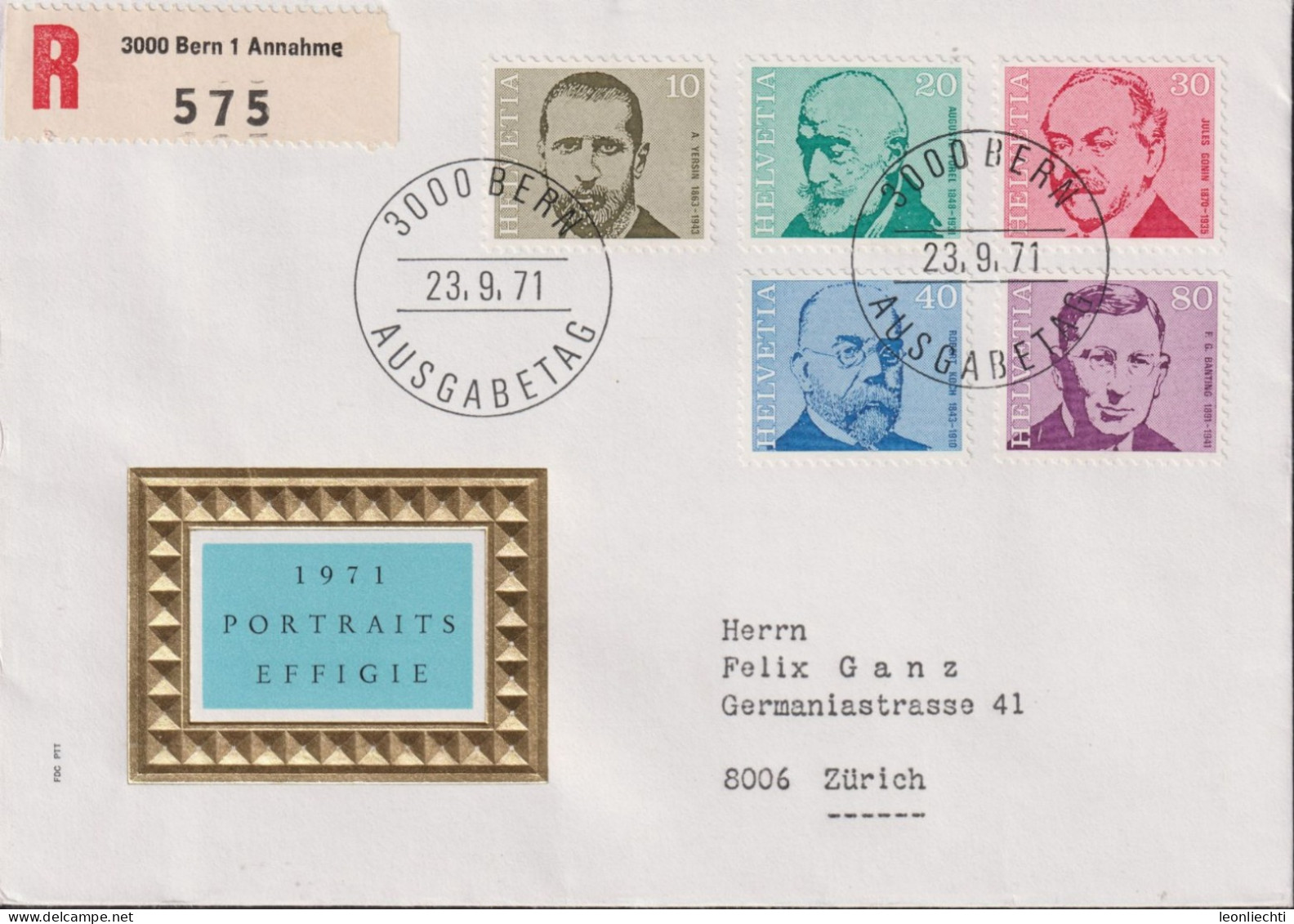 1971 Schweiz FDC R-Brief, Zum:CH 498-502, Mi:CH 955-959, Berühmte Mediziner - FDC