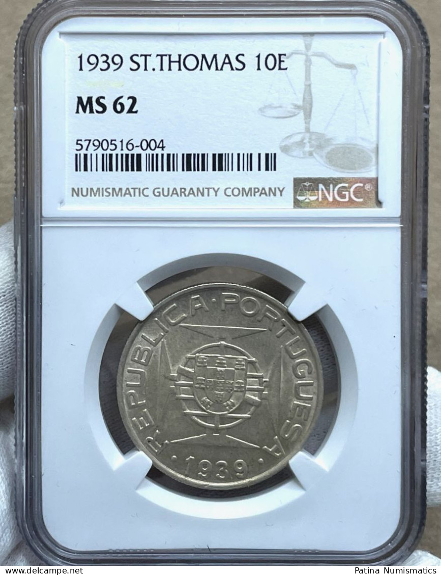 Portuguese Saint Thomas And Prince 10 Escudos 1939 Silver UNC NGC MS62 - São Tomé Und Príncipe