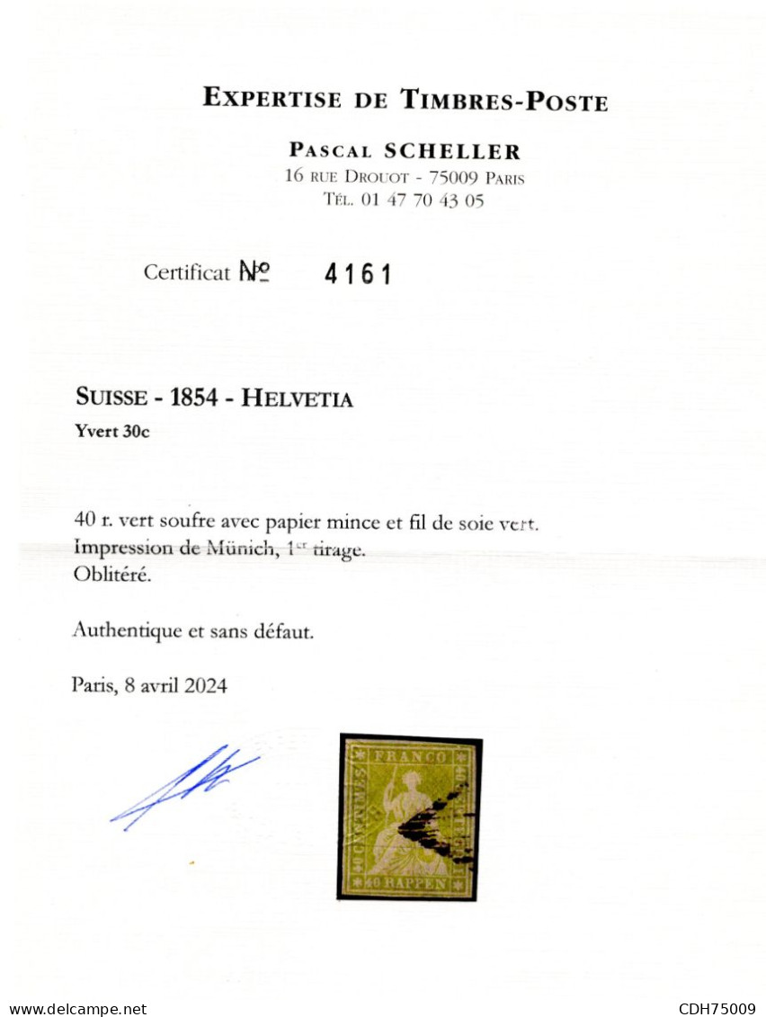 SUISSE - SBK 26Aa  40 RAPPEN VERT JAUNE PALE HELVETIA ASSISE - OBLITERE - SIGNE FULPIUS - CERTIFICAT SCHELLER - Gebraucht