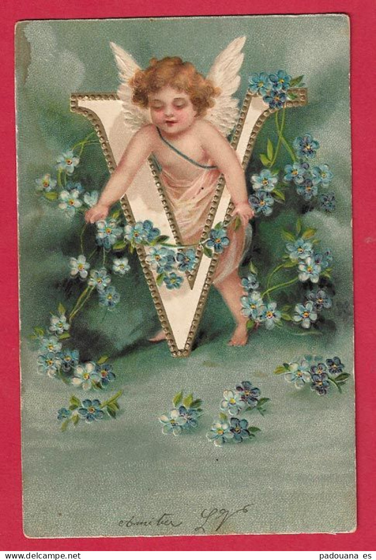 AF7 FANTAISIES ALPHABET ANGE ANGELOTS LETTRE V FLEURS MYOSOTIS CARTE GAUFREE - Angeles