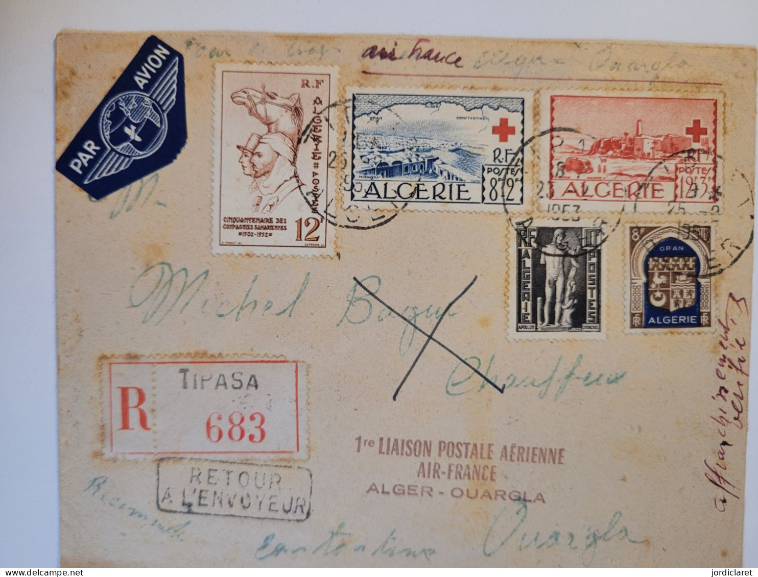 FIRST FLIGHT 1953 REGISTERED TIPASA ALGER  OUARGLA - Storia Postale