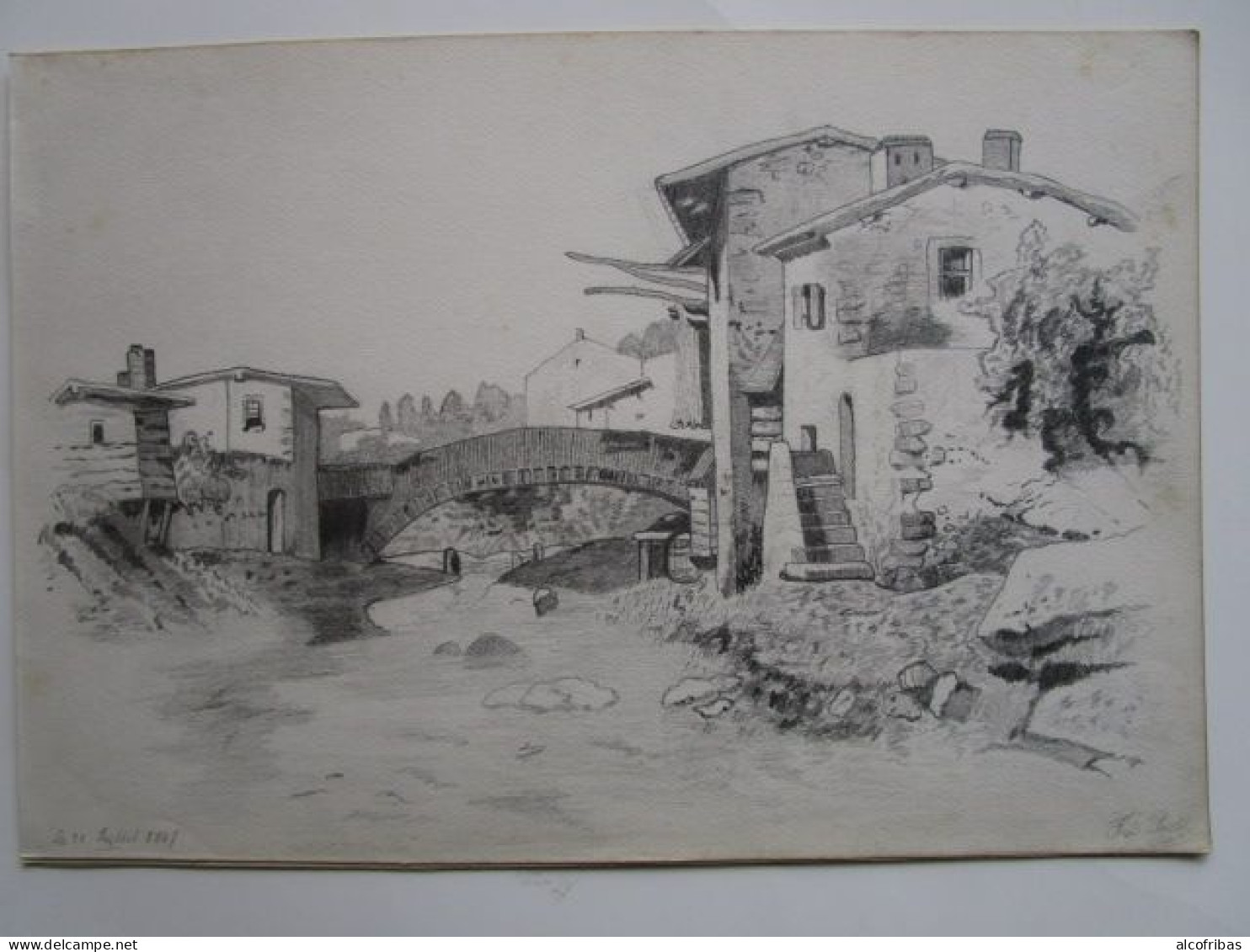 Dessin Ancien (1867) Au Crayon Paysage Maisons Anciennes (provencales ?)  Pont Riviere Signée Fred Posth - Zeichnungen
