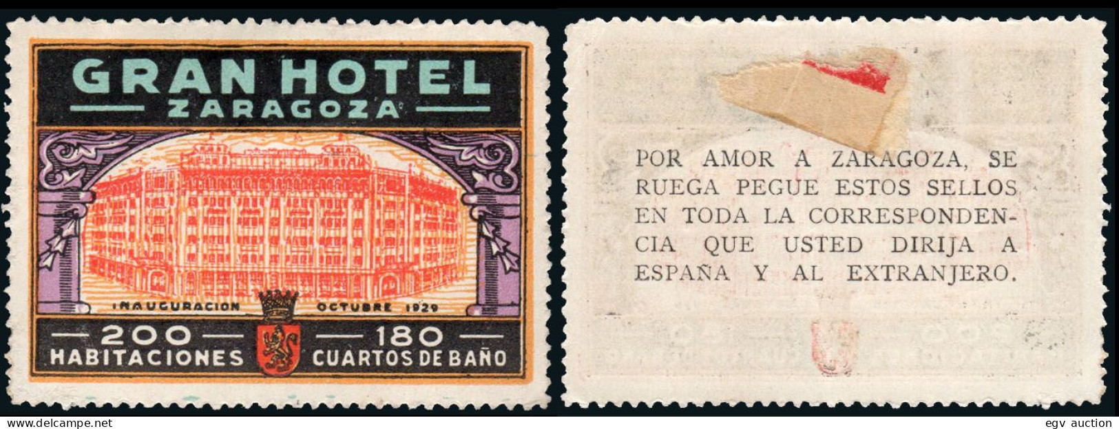 Zaragoza - Viñeta - * S/Cat - 1929 "Gran Hotel - 200 Habitaciones" + Al Dorso Texto Impreso "Por Amor A Zaragoza..." - Unused Stamps