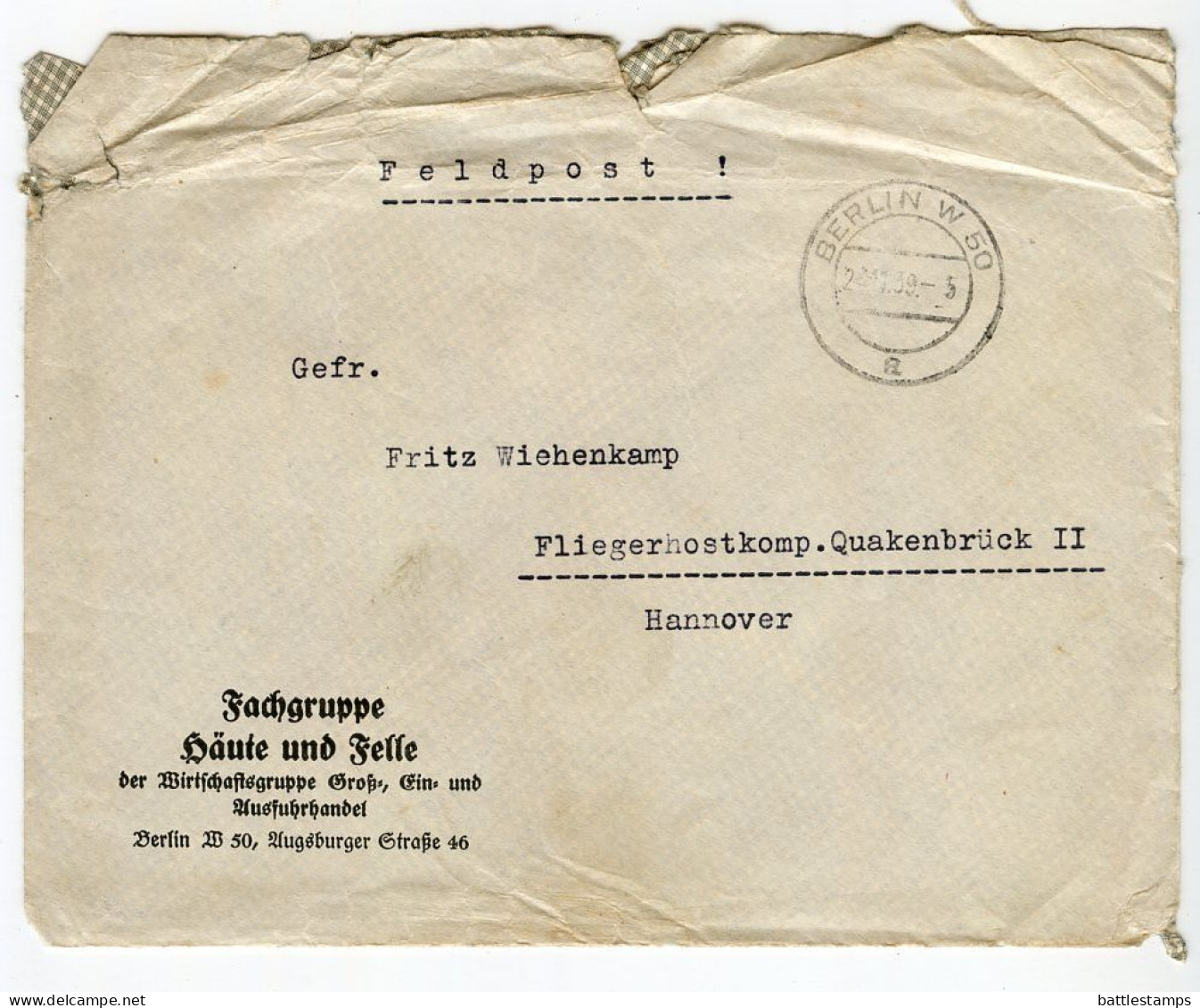 Germany 1939 WWII Feldpost Cover; Berlin To Fliergerhostkomp. Quakenbrück II, Hannover - Fritz Wiehenkamp - Feldpost 2. Weltkrieg