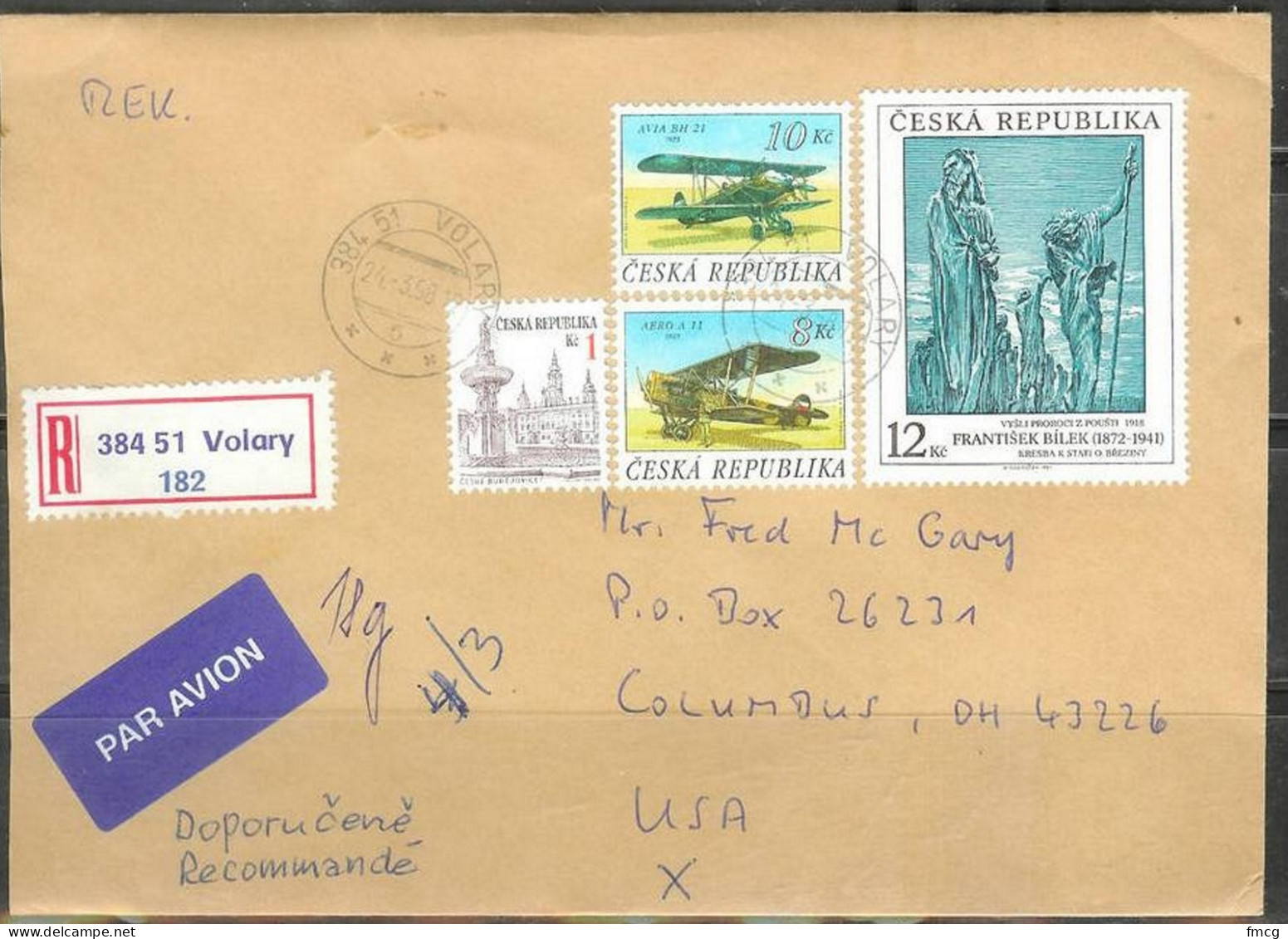 Czech Republic 1998 Bilek Painting And Bi-planes, Registered, Volary To Ohio USA - Lettres & Documents