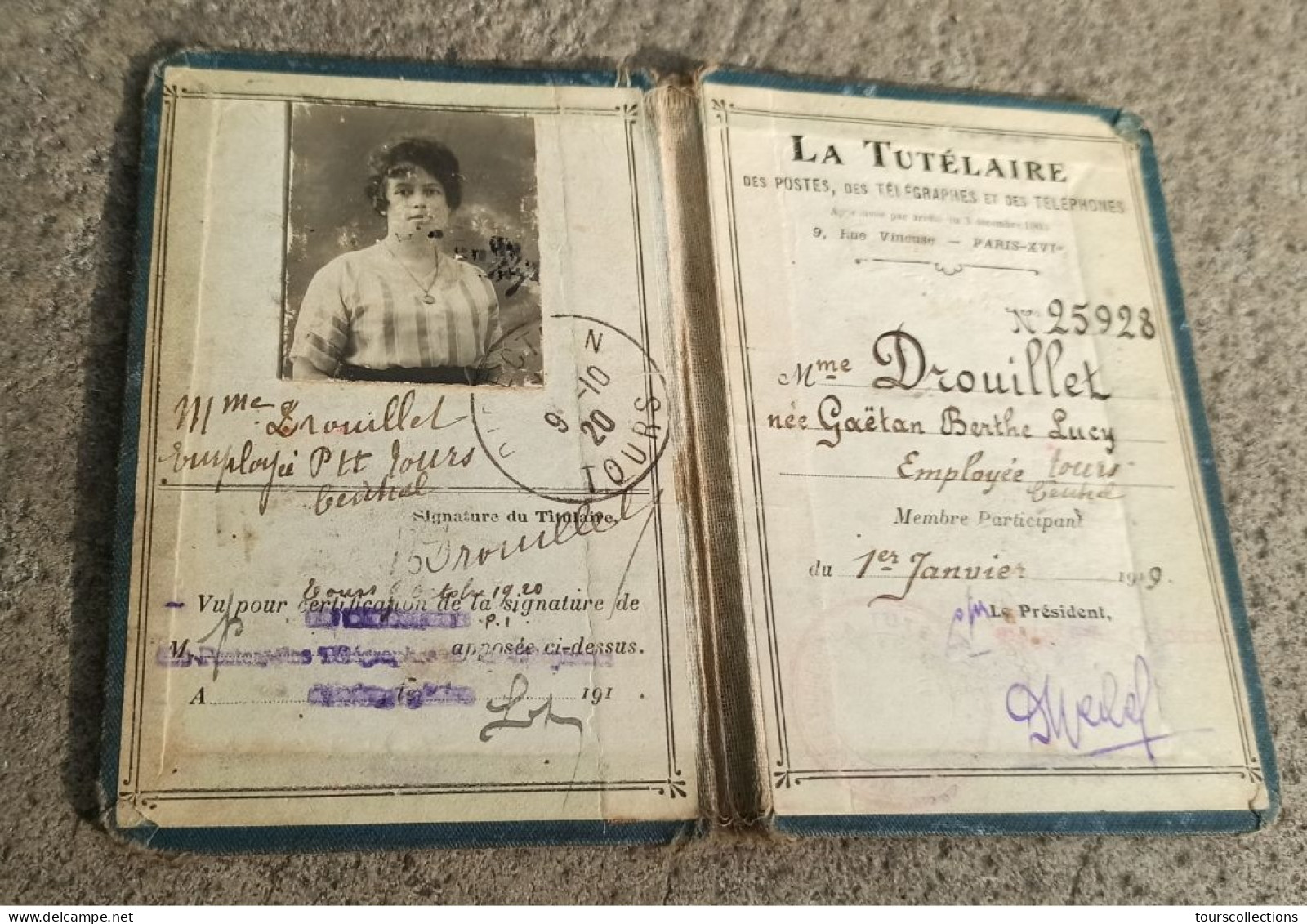 CARTE POSTE TELEGRAPHE & TELEPHONE PTT La  Tutélaire De 1919 - 1920 à TOURS (37) De Mme DROUILLET - 110 Mm X 75 Mm - Mitgliedskarten