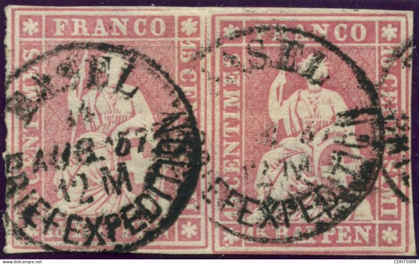 SUISSE - SBK 24F  15 RAPPEN ROSE HELVETIA ASSISE PAIRE - OBLITEREE - SIGNE SCHELLER - Used Stamps