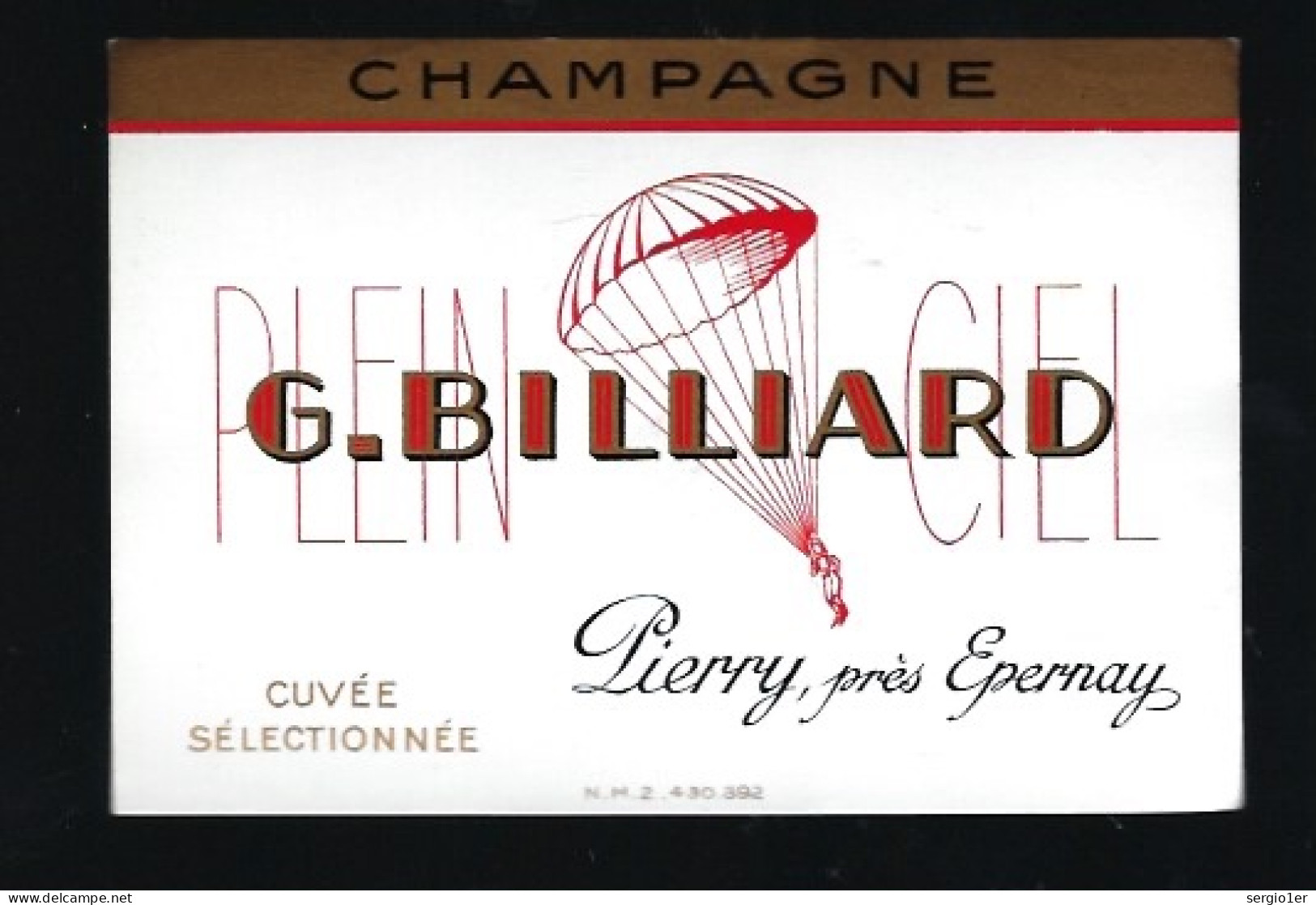 Etiquette Champagne Cuvée Selectionnée  Plein Ciel G Billard Pierry  Marne 51 " Parachutiste" - Champan