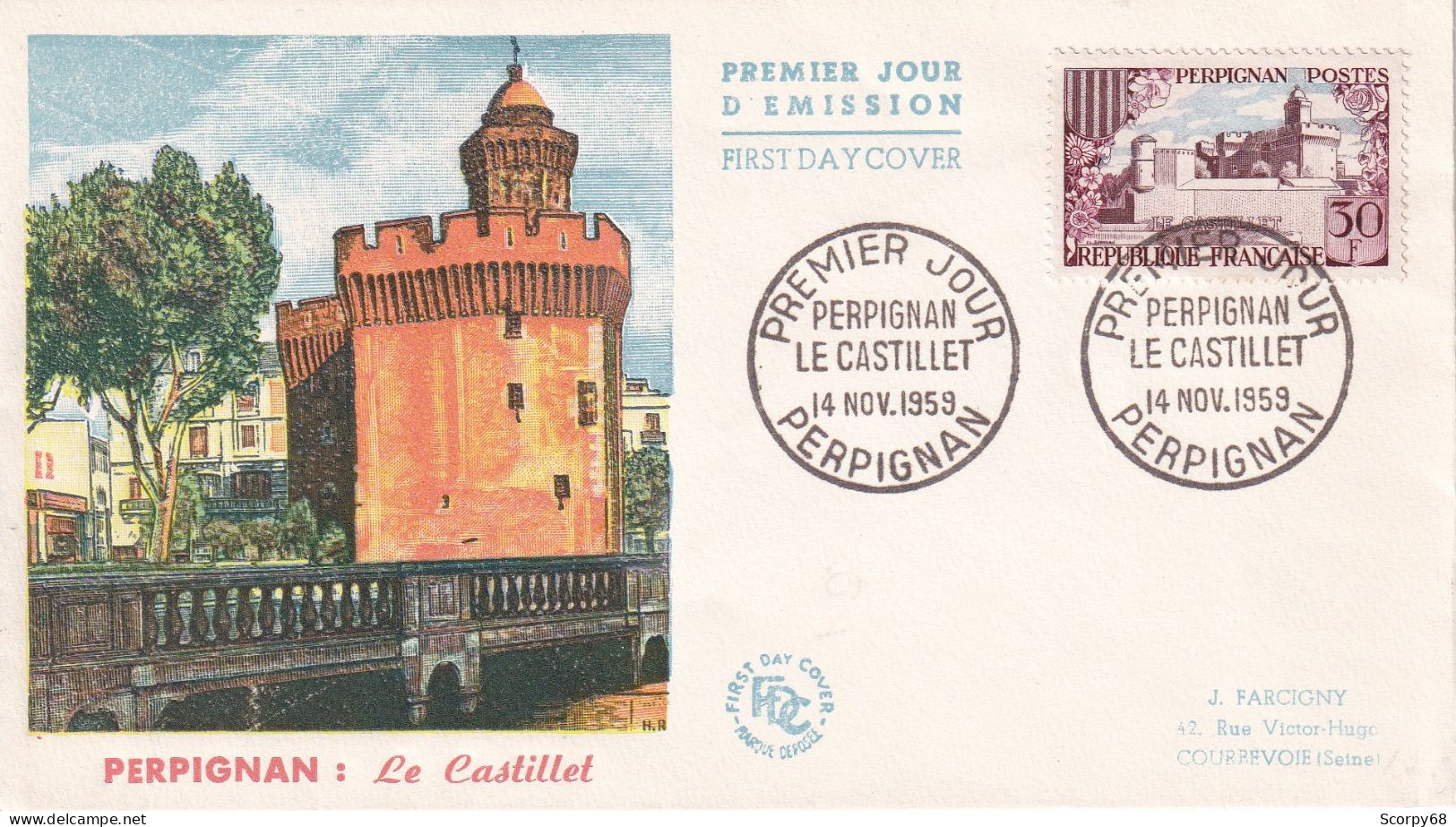 FDC 14/11/1959: PERPIGNAN : Le Castillet - Y&T N° 1222 - 1950-1959