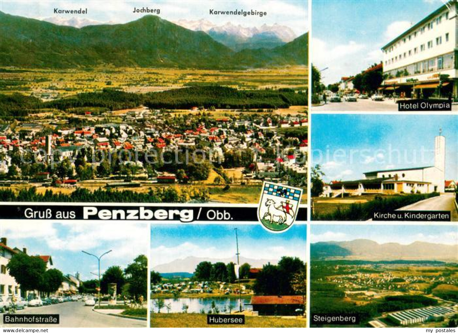 73672511 Penzberg Panorama Mit Karwendelgebirge Hotel Olympia Kirche Kindergarte - Penzberg
