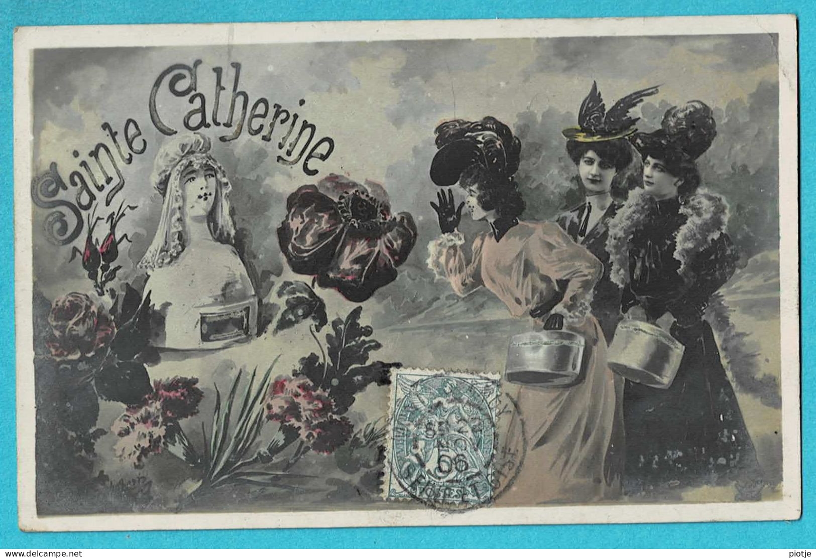 * Fantaisie - Fantasy - Fantasie (Saint Catherine) * Timbre, Fleurs, Roses, Flowers, Woman, Femme, Old, Rare - Sint Catharina