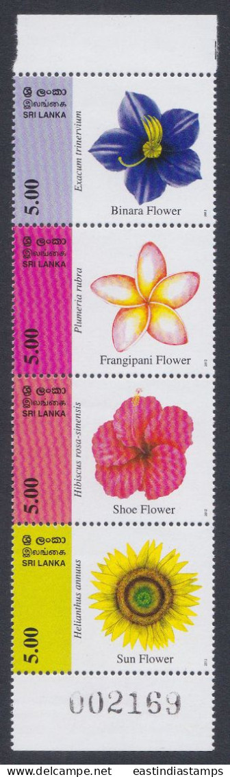 Sri Lanka 2012 MNH Se-tenant, Flower, Flowers, Sunflower, Frangipani, Shoe, Binara, Flora, Strip Of 4 - Sri Lanka (Ceylan) (1948-...)