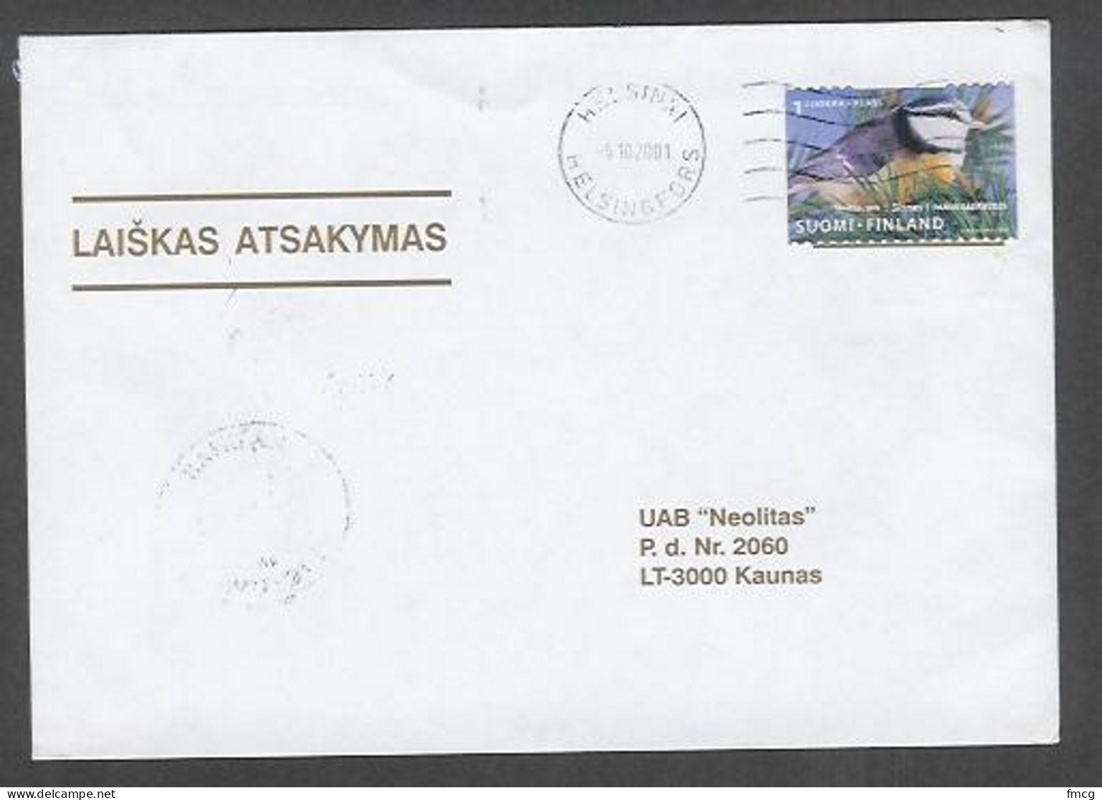 2001 Bird Stamp, Helsinki (5.10.2001) To Kaunas Lithuania - Brieven En Documenten