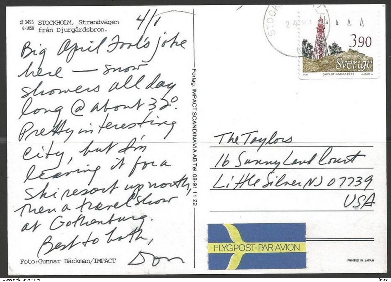 1989 3.90k Lighthouse, Stockholm (2.4.89) Postcard To USA - Briefe U. Dokumente