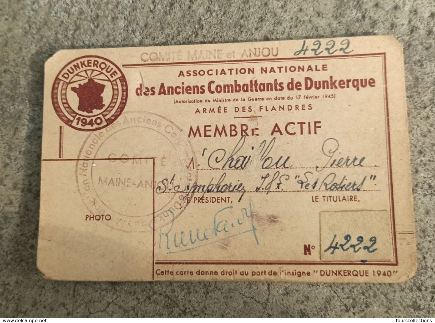 CARTE Des Anciens Combattants De Dunkerque 59 WW2 De Chaillou Pierre Né En 1870 à St Denis La Chavasse - 120 Mm X 78 Mm - Membership Cards