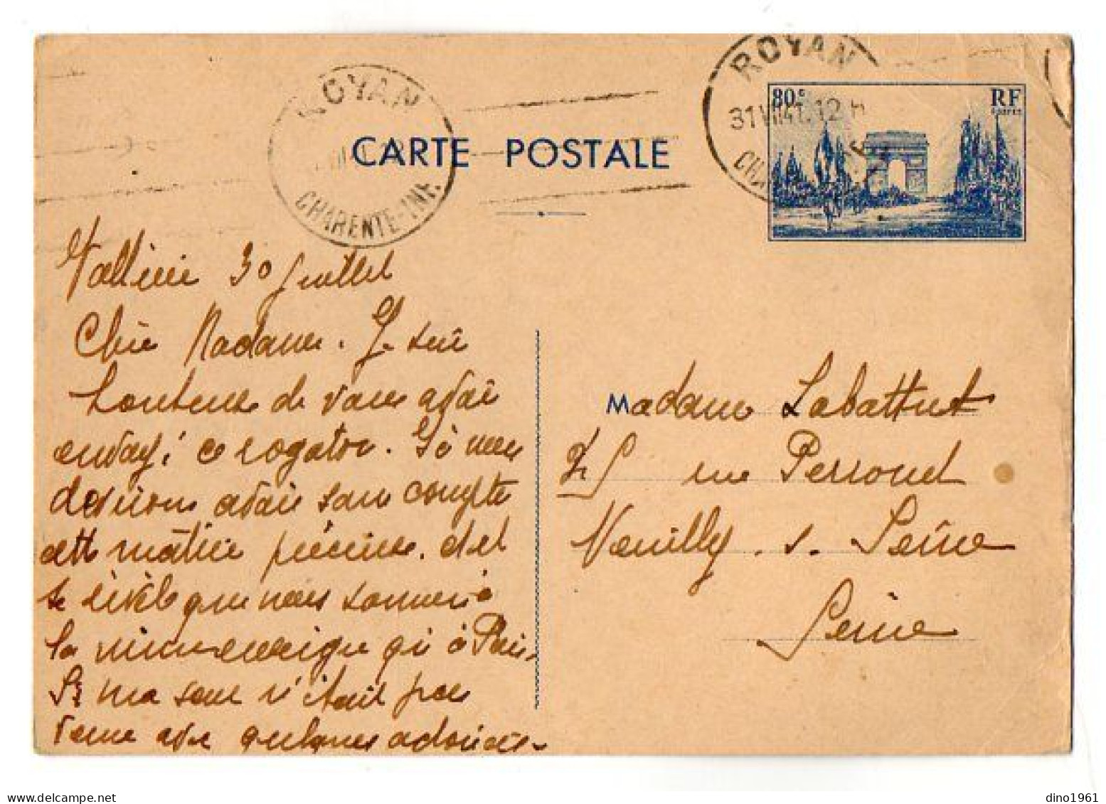 TB 4801 - 1941 - Entier Postal Type Arc De Triomphe - M. BREUIL à ROYAN Pour M. LABATTUT à NEUILLY - SUR - SEINE - Cartoline Postali E Su Commissione Privata TSC (ante 1995)