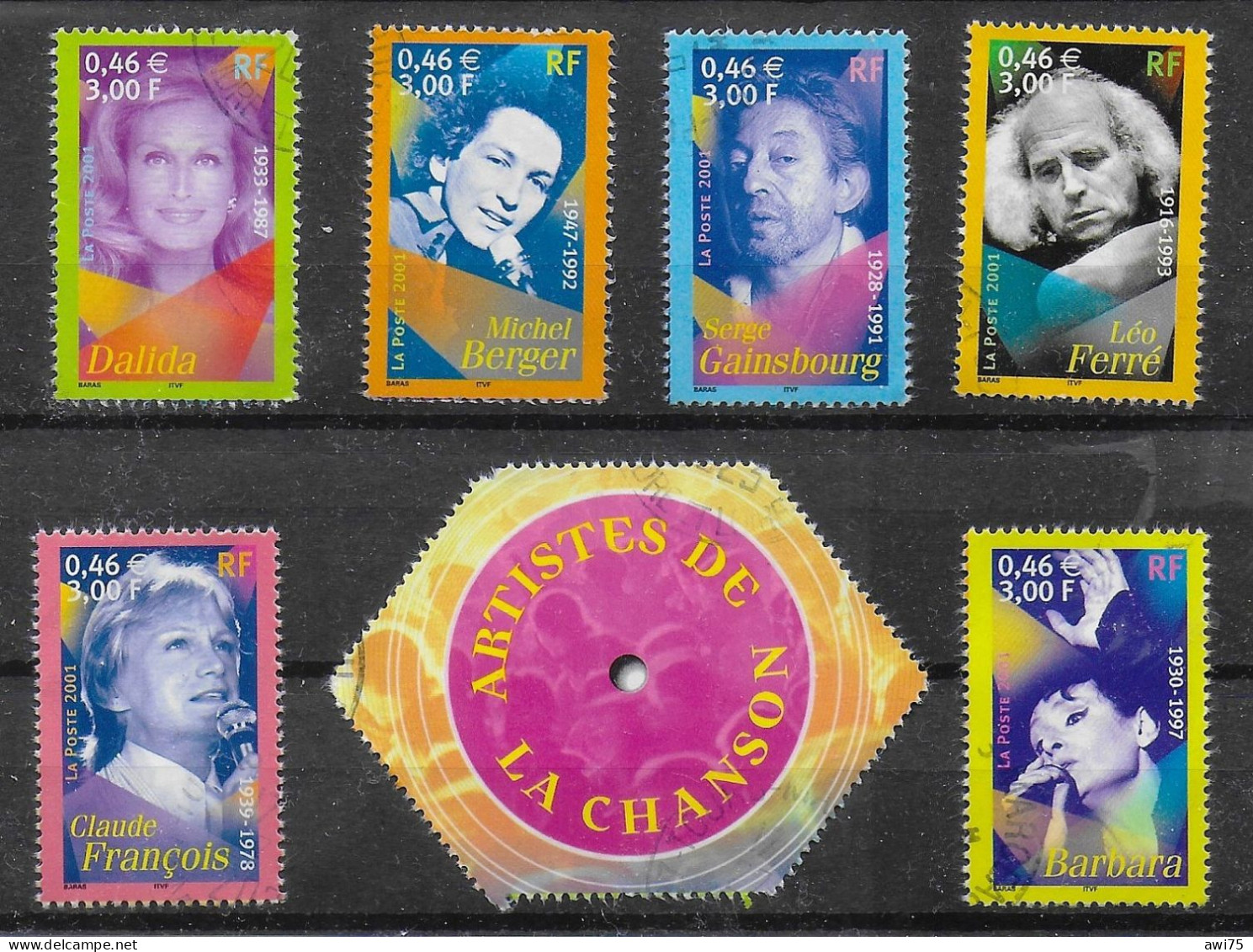 "Artistes De La Chanson" 2001 - 3391 à 3396 Les Timbres Du Bloc BF 37 - Oblitérés