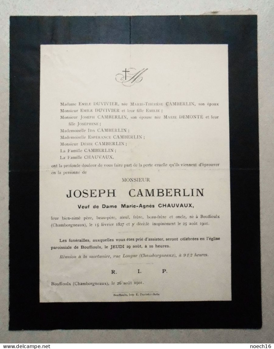 1901 Décès Joseph Camberlin Né Et Décédé à Bouffioulx Chamborgneaux - Todesanzeige