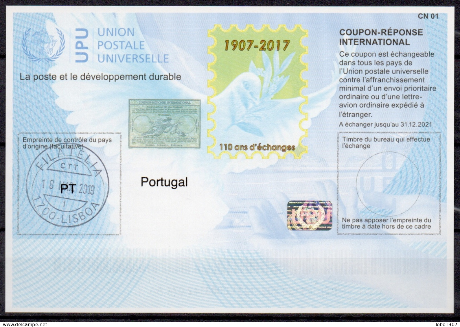 PORTUGAL  Is42  20171120 AA International Reply Coupon Reponse Antwortschein Cupao Resposta IRC IAS  O LISBOA 18.03.2019 - Entiers Postaux