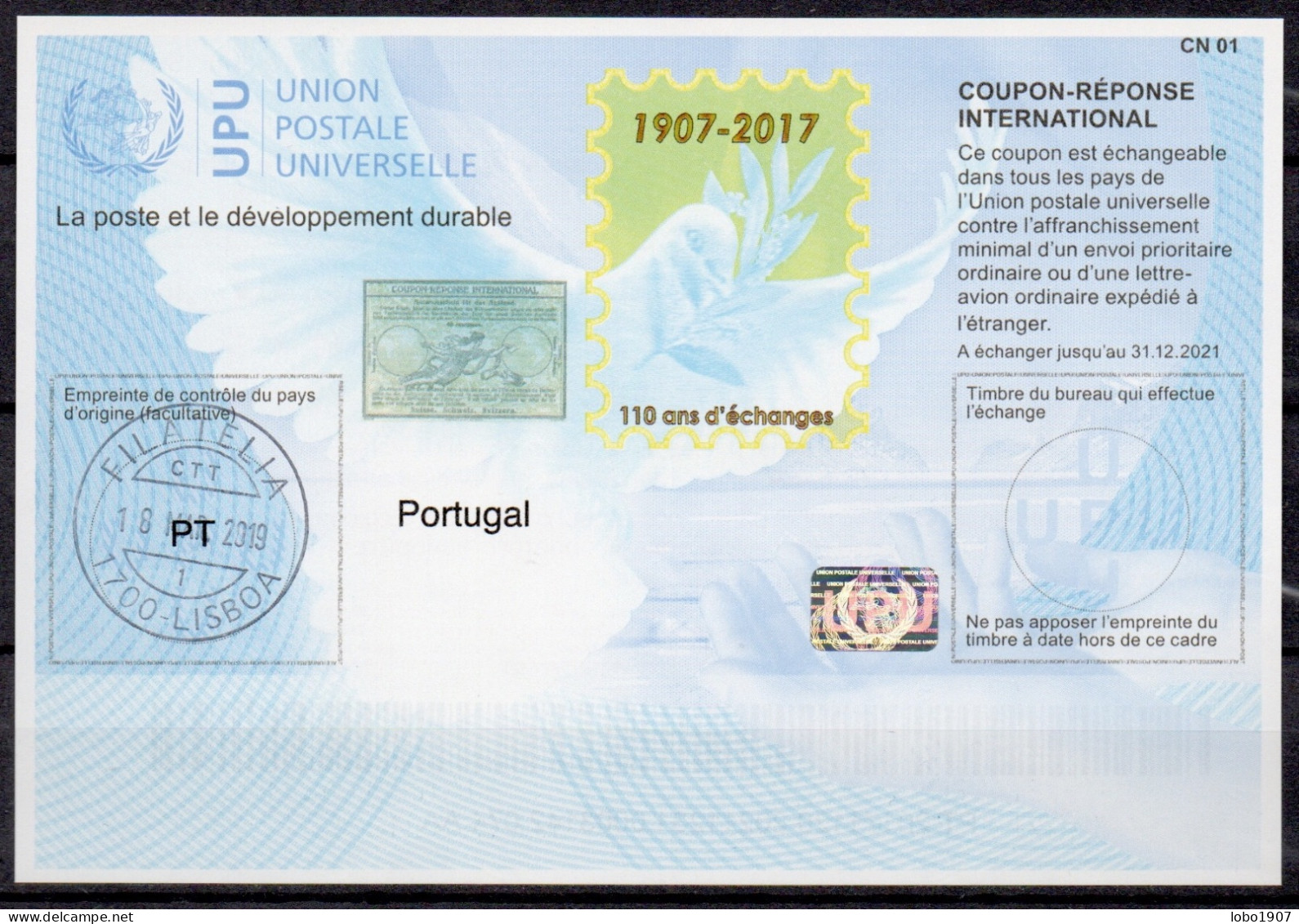 PORTUGAL  Is42  20171120 AA International Reply Coupon Reponse Antwortschein Cupao Resposta IRC IAS  O LISBOA 18.03.2019 - Enteros Postales