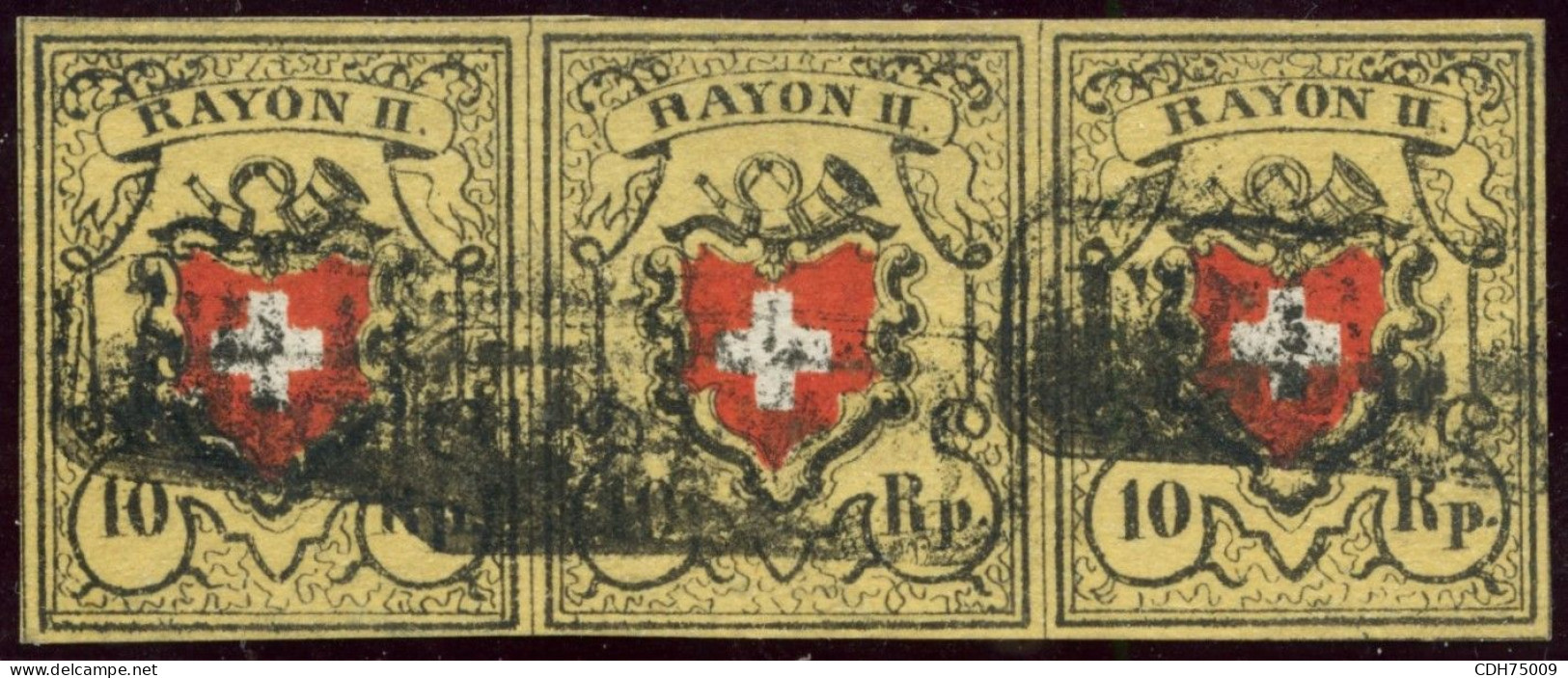 SUISSE - SBK 16 II  10 RAPPEN CROIX NON ENCADREE - BANDE DE 3 - POSITIONS 25 A 27 - OBLITEREE - 1843-1852 Kantonalmarken Und Bundesmarken
