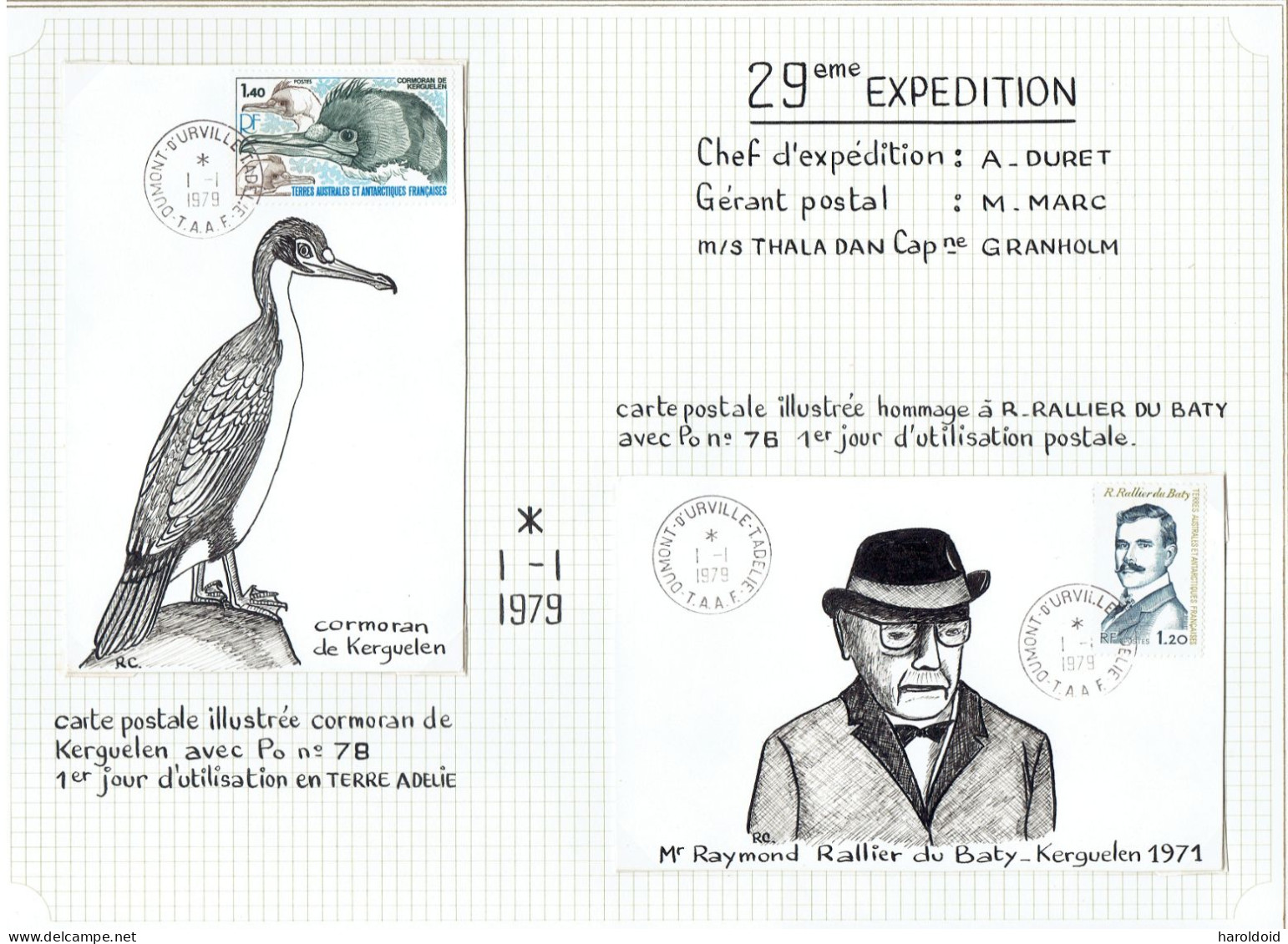 29e Expédition Terre Adélie - 2 CP TP N°76 - 78 - 1er Jour OB CàD Dumont D'Urville Teere Adélie - 1/1/79 - Storia Postale