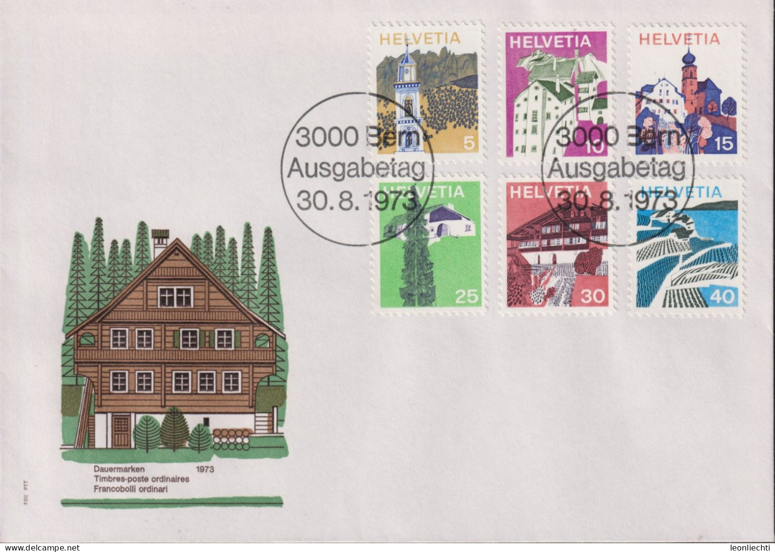 1973 Schweiz FDC, Zum:CH 523--527+529, Mi:CH 1003-1007+1008, Landschaftsbilder - FDC