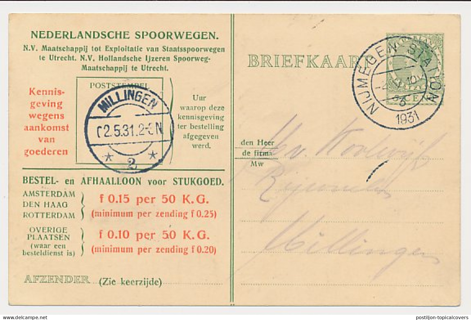 Spoorwegbriefkaart G. NS216 G - Nijmegen - Millingen 1931 - Postwaardestukken