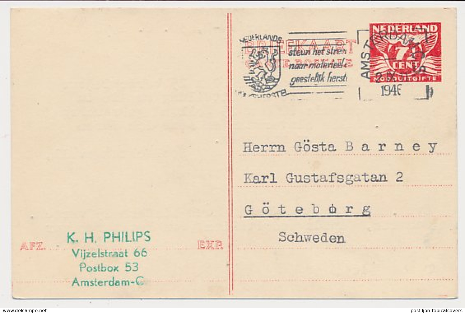 Briefkaart G. 278 B Amsterdam - Zweden 1946 - Postwaardestukken