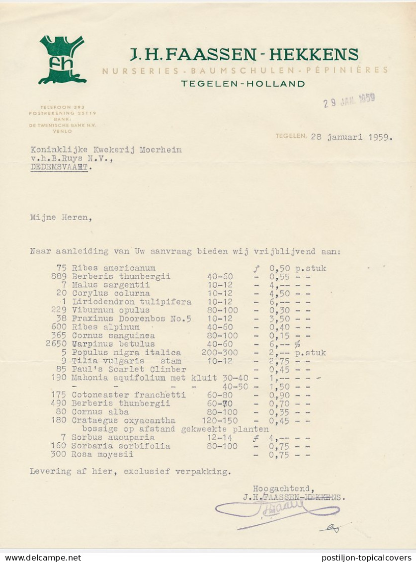 Brief Tegelen 1959 - Boomkwekerij - Netherlands