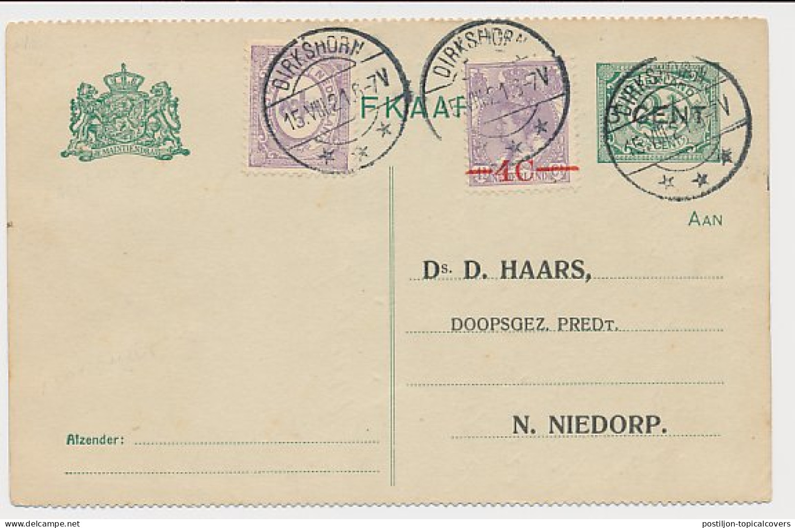 Briefkaart G. 96 B I Part. Bedrukt Dirkshorn - N. Niedorp 1921  - Postwaardestukken