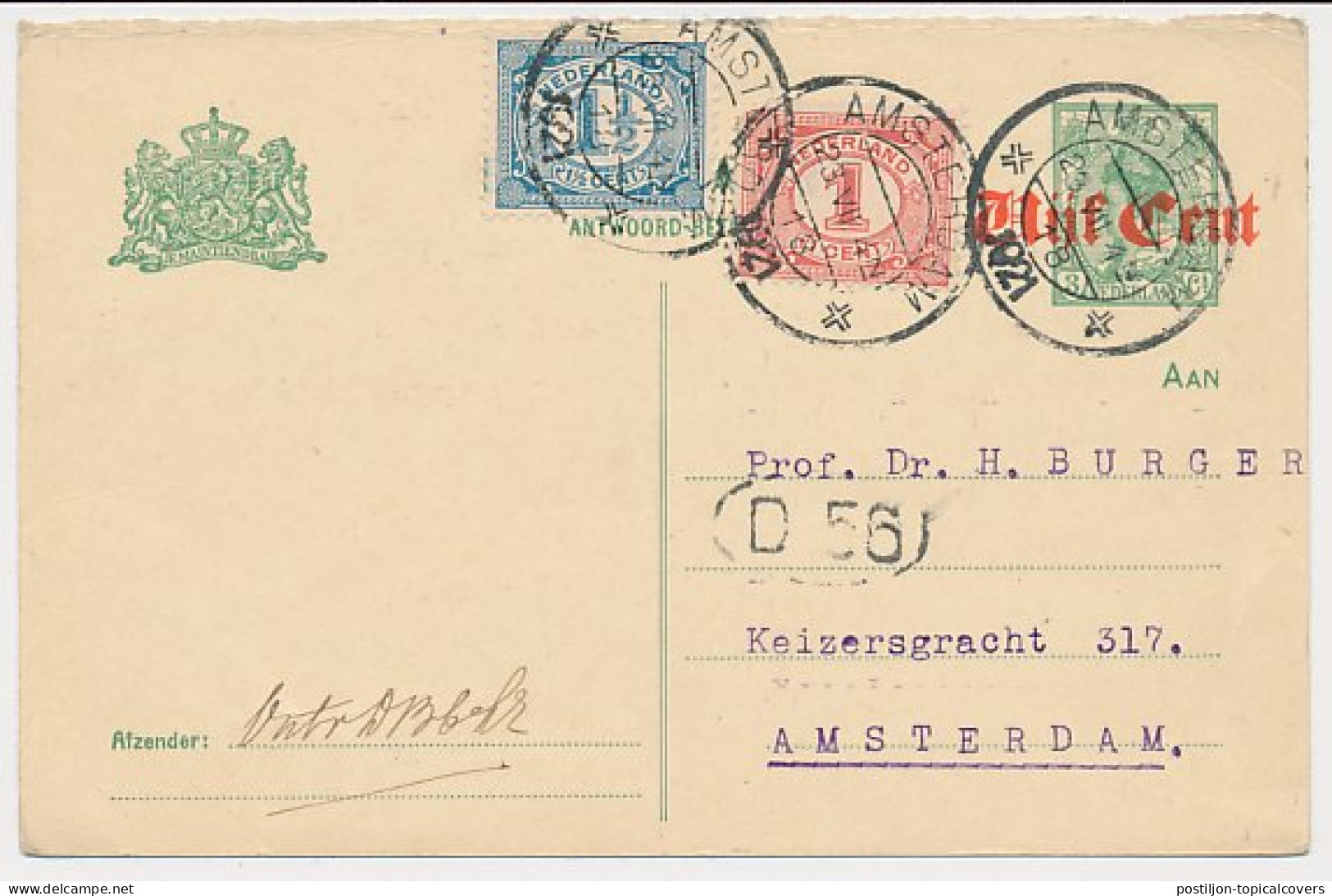 Briefkaart G. 115 A / Bijfrankering Locaal Te Amsterdam 1921 - Postwaardestukken