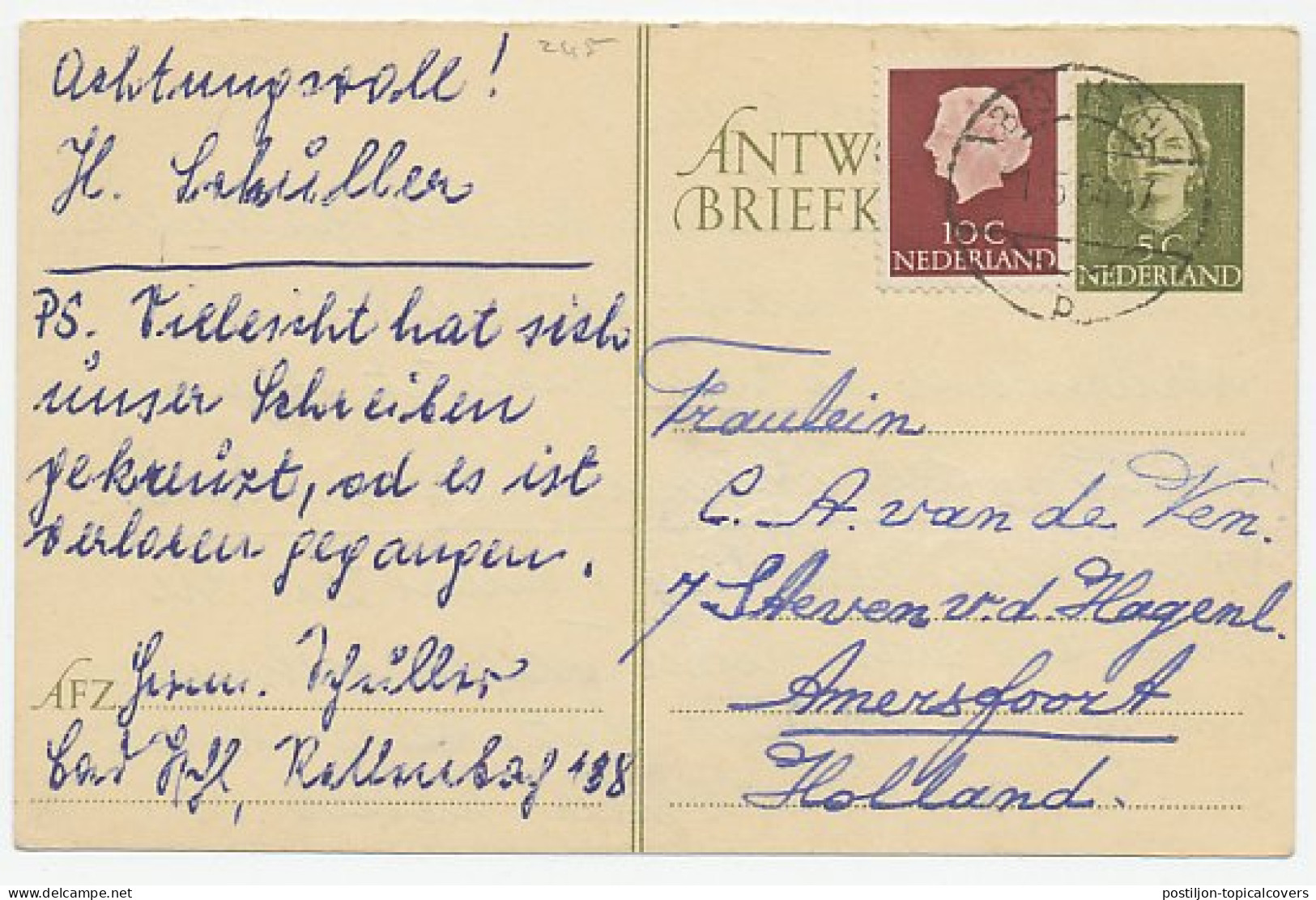 Briefkaart G. 301 A.krt / Bijfrank. Duitsland - Amersfoort 1954 - Postwaardestukken