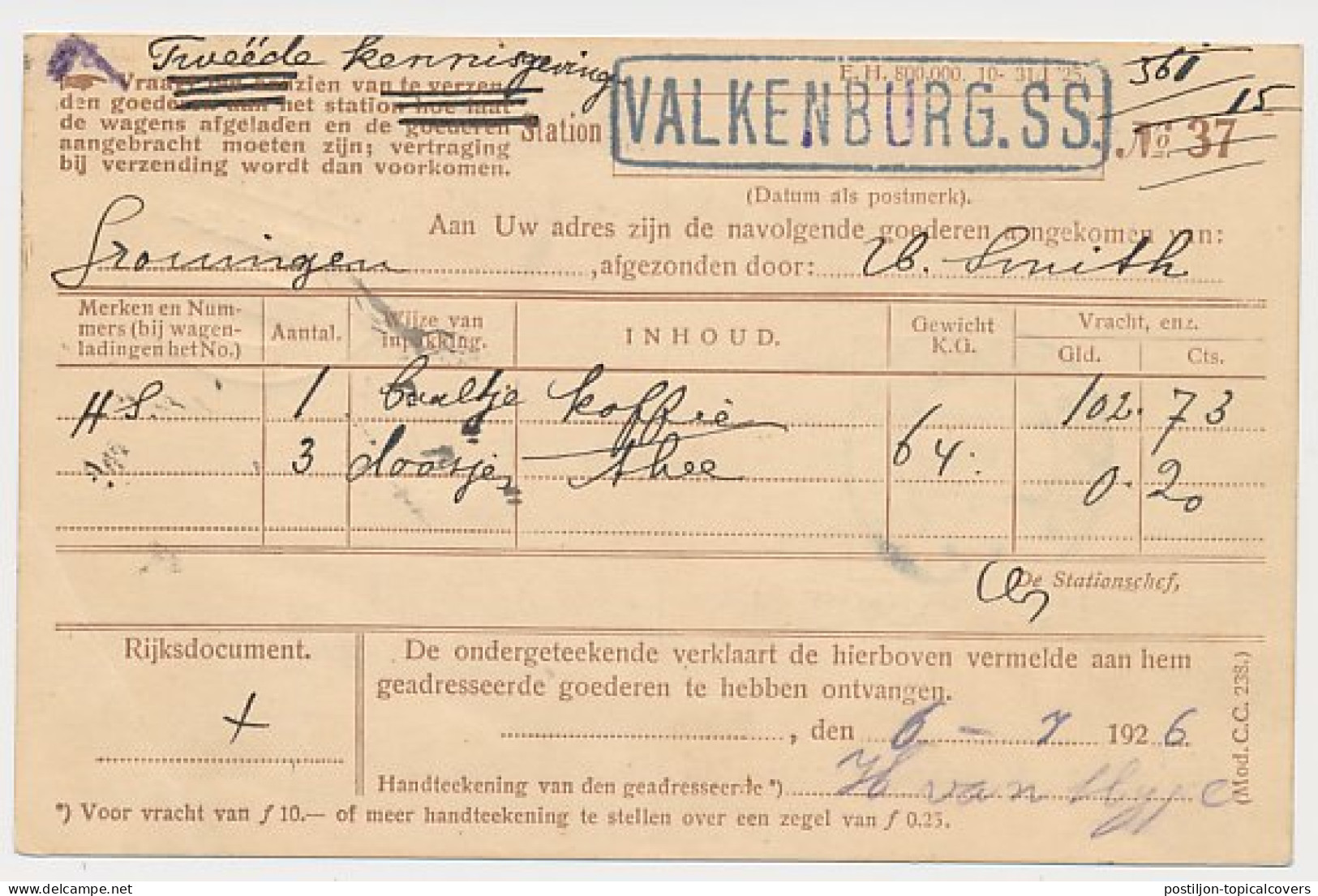 Spoorwegbriefkaart G. NS198 B - Valkenburg - Vroenhof 1926 - Postwaardestukken